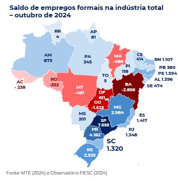 Mapa do Brasil com saldo de empregos formais na indústria total - outubro de 2024