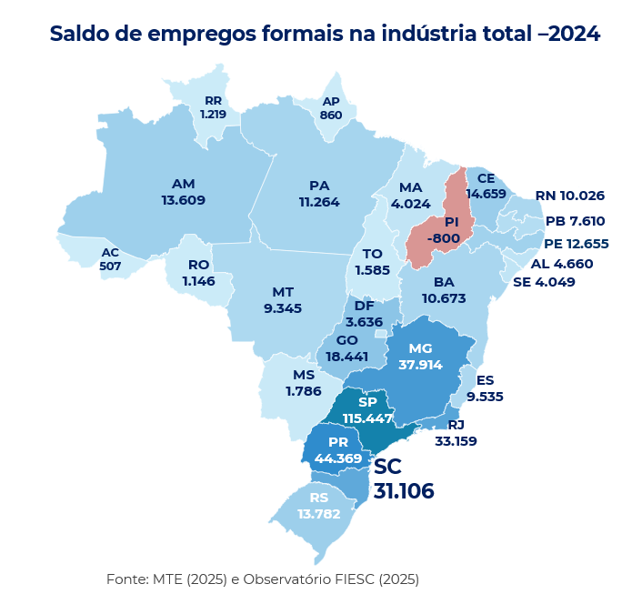 Mapa do saldo de empregos dos estados no ano de 2024