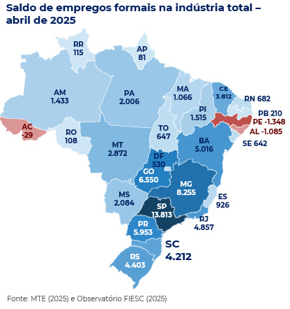 Mapa do saldo de empregos formais na indústria em abril d e2025 por unidade federativa