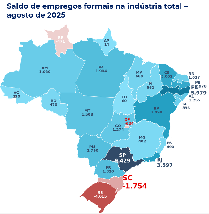 Mapa de calor com saldo de empregos por unidade federativa