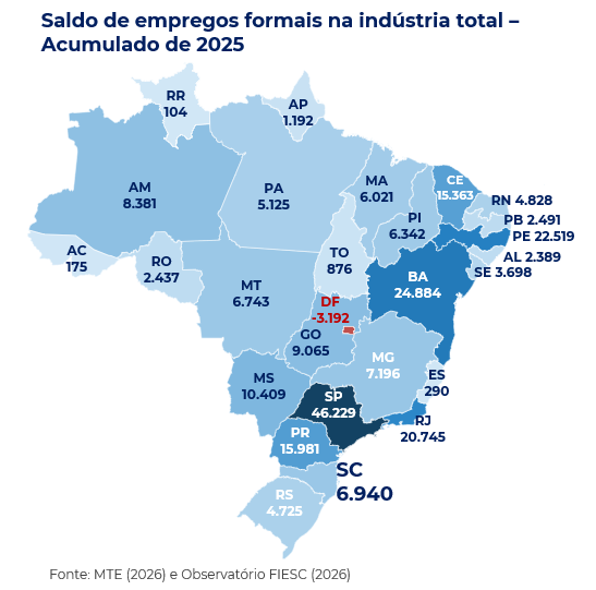Mapa com saldo da indústria das UFs