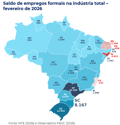 Mapa de calor com saldo de empregos por unidade federativa