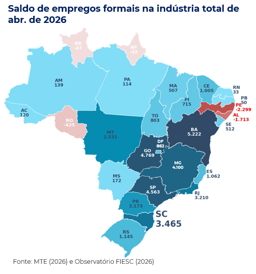 Mapa de calor com saldo de empregos por unidade federativa
