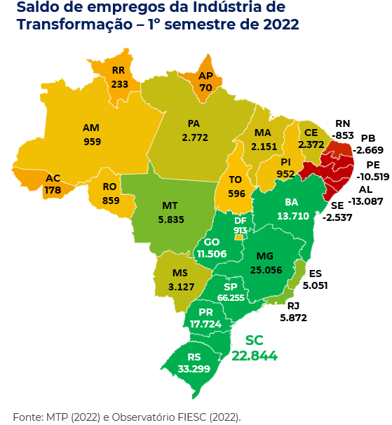 Mapa do Brasil com saldo de empregos na Indústria