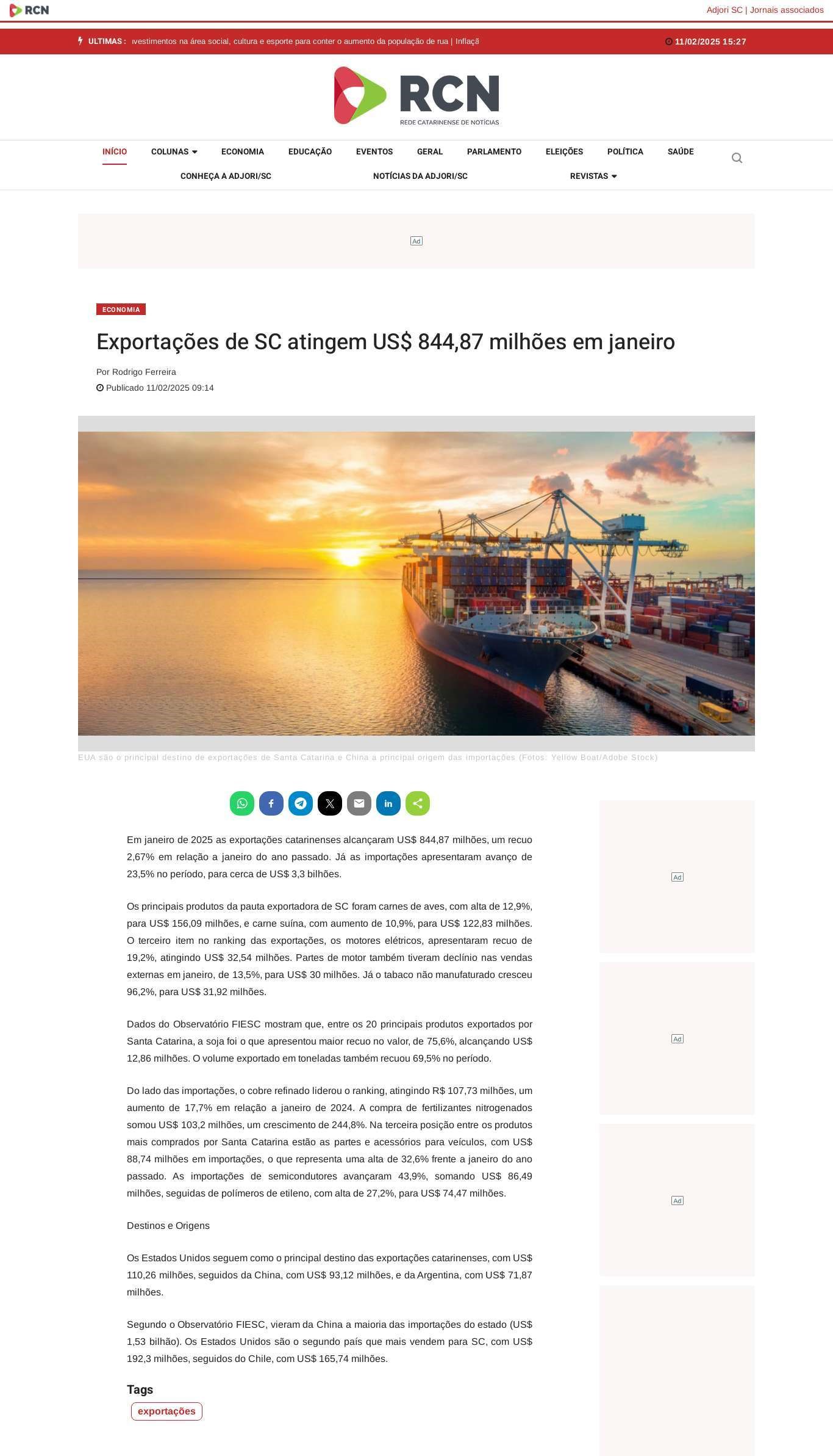 Santa Catarina registra exportações de US$ 844,87 milhões em janeiro