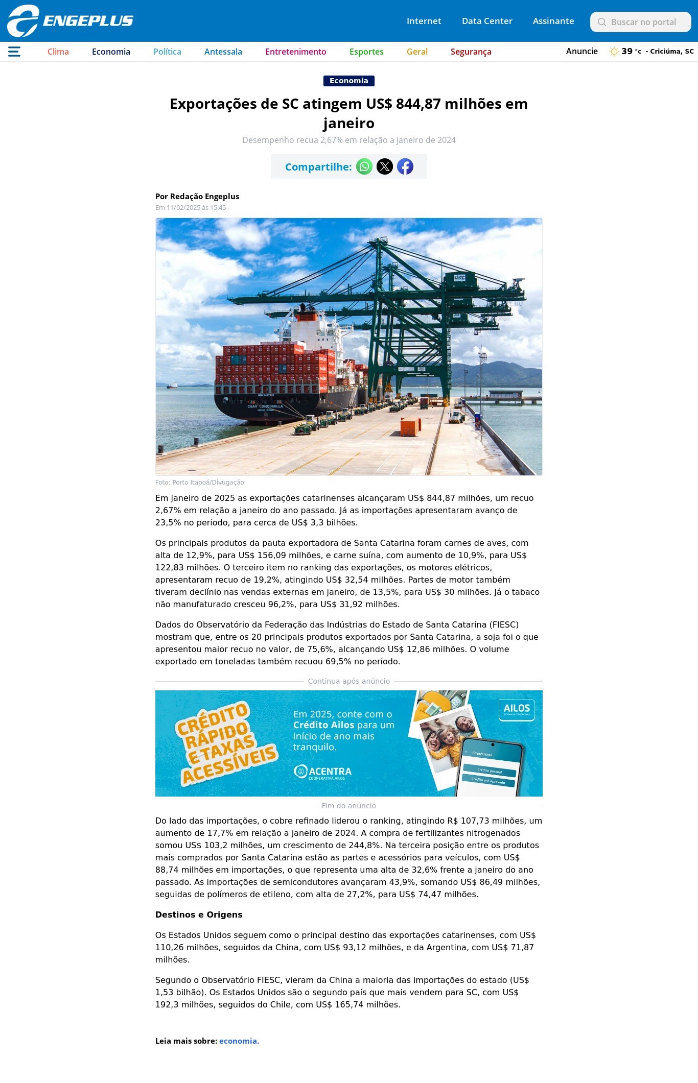 Exportações de Santa Catarina alcançam US$ 844,87 milhões em janeiro