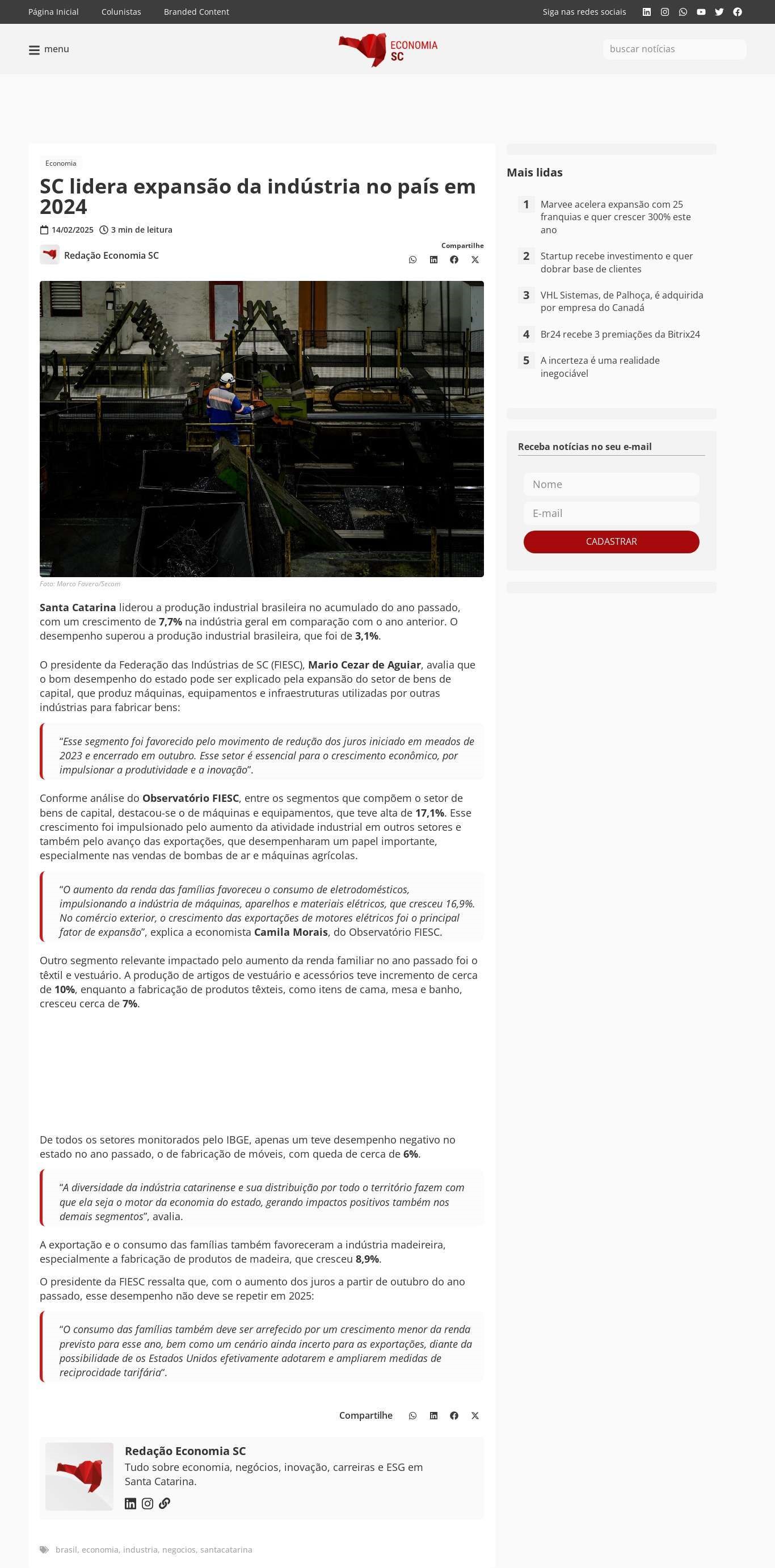 SC lidera expansão da indústria no país em 2024