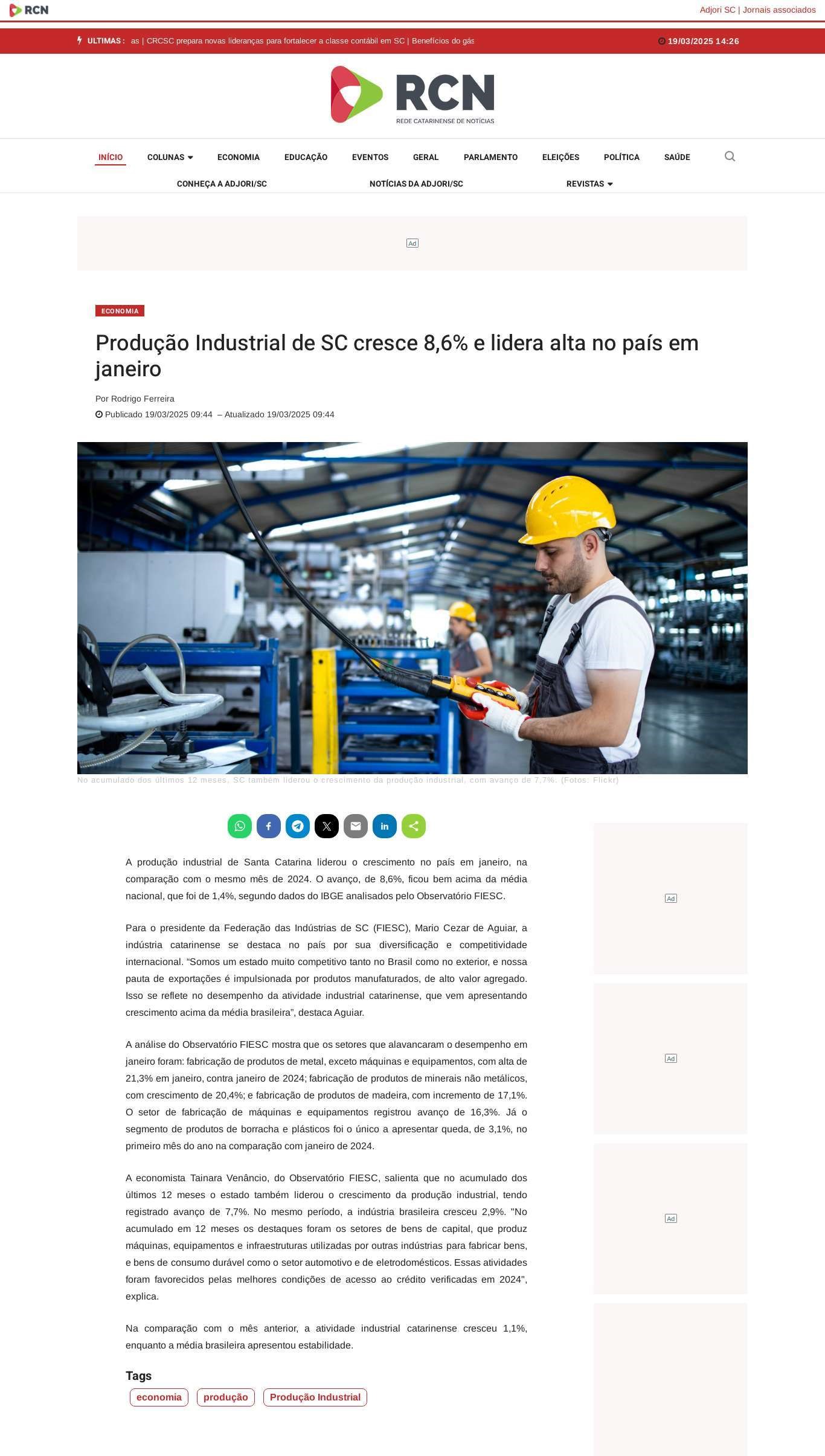 Produção industrial de Santa Catarina liderou o crescimento no país em janeiro