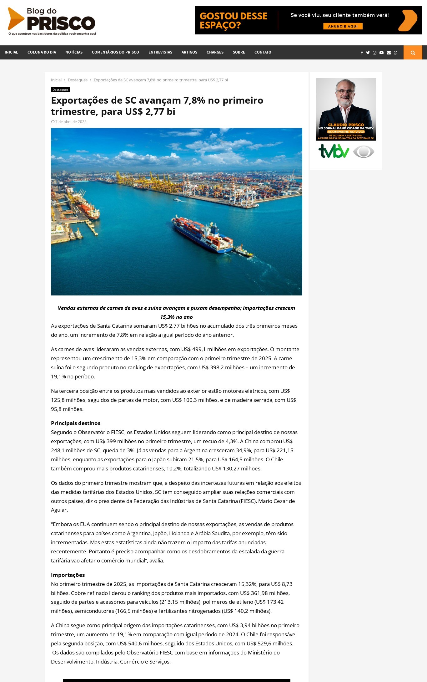 Exportações de SC avançam 7,8% no primeiro trimestre, para US$ 2,77 bi