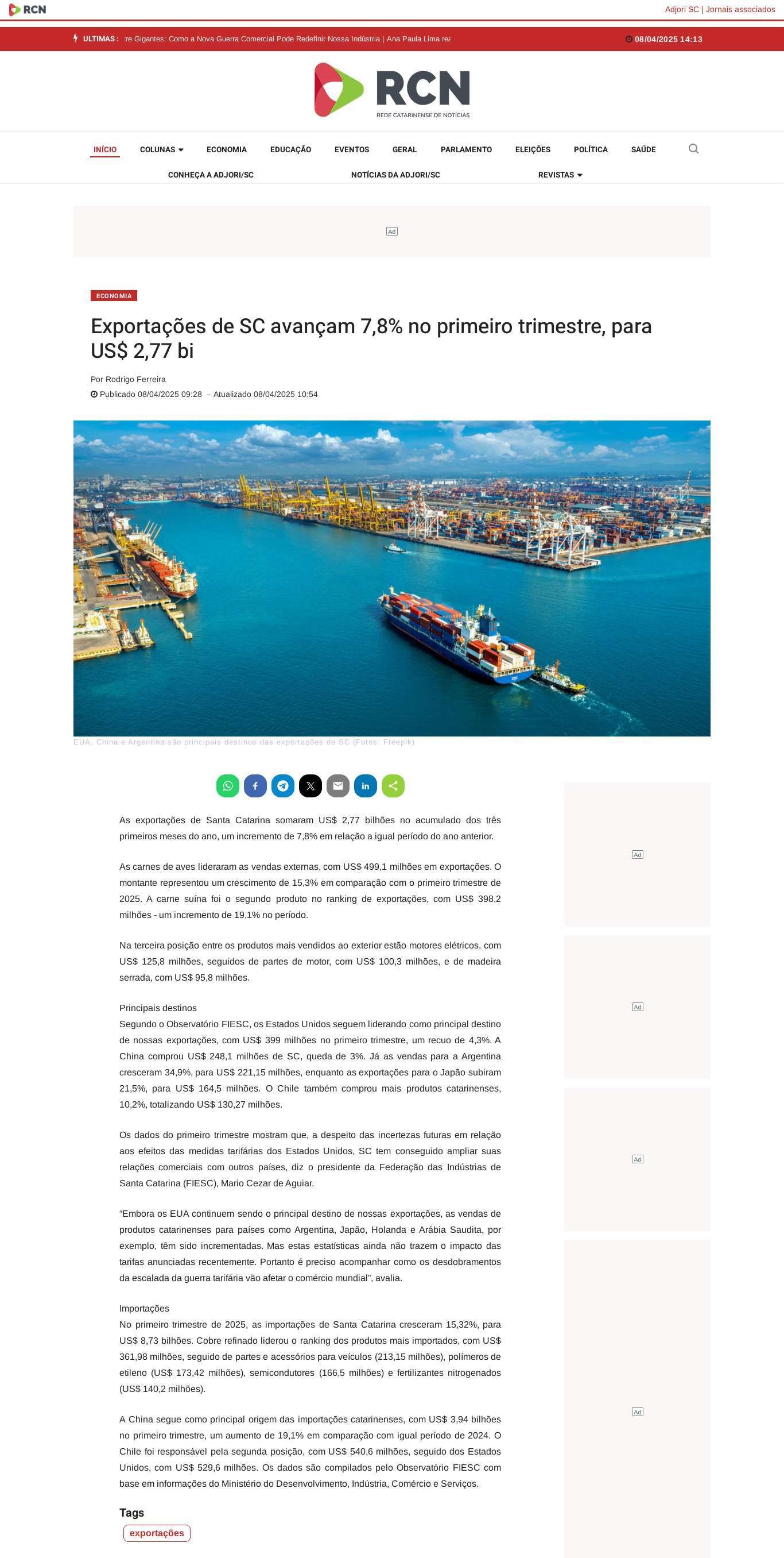 Exportações de SC avançam 7,8% no primeiro trimestre, para US$ 2,77 bi