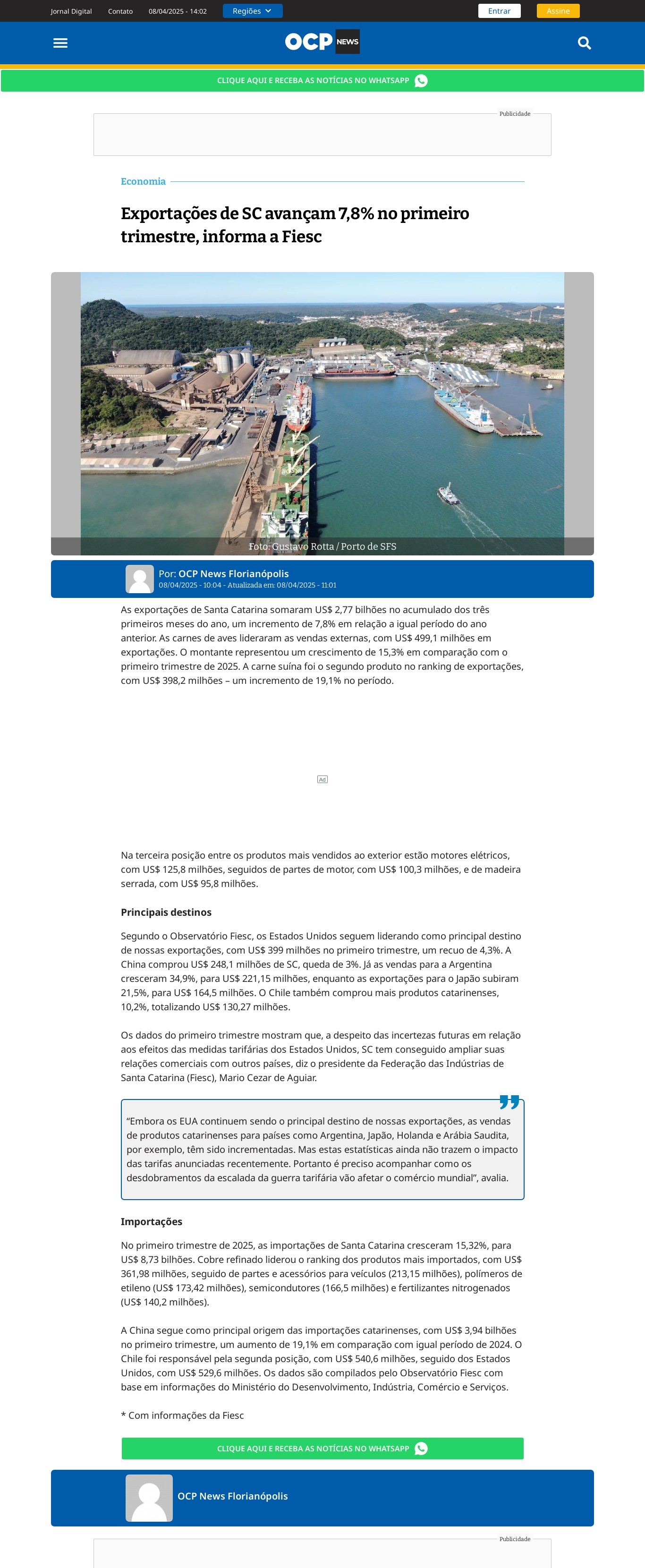 Exportações de SC avançam 7,8% no primeiro trimestre