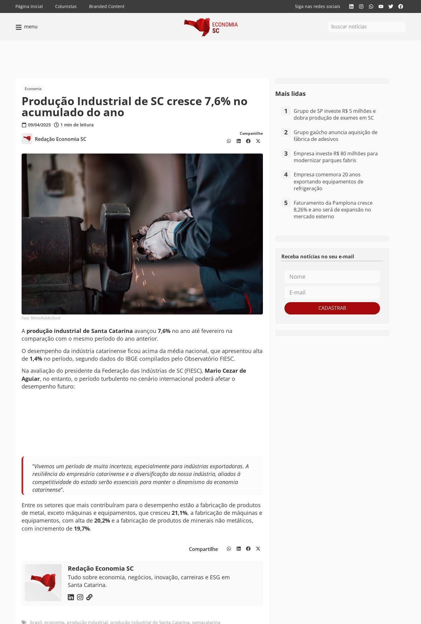 Produção industrial de Santa Catarina avançou 7,6% 