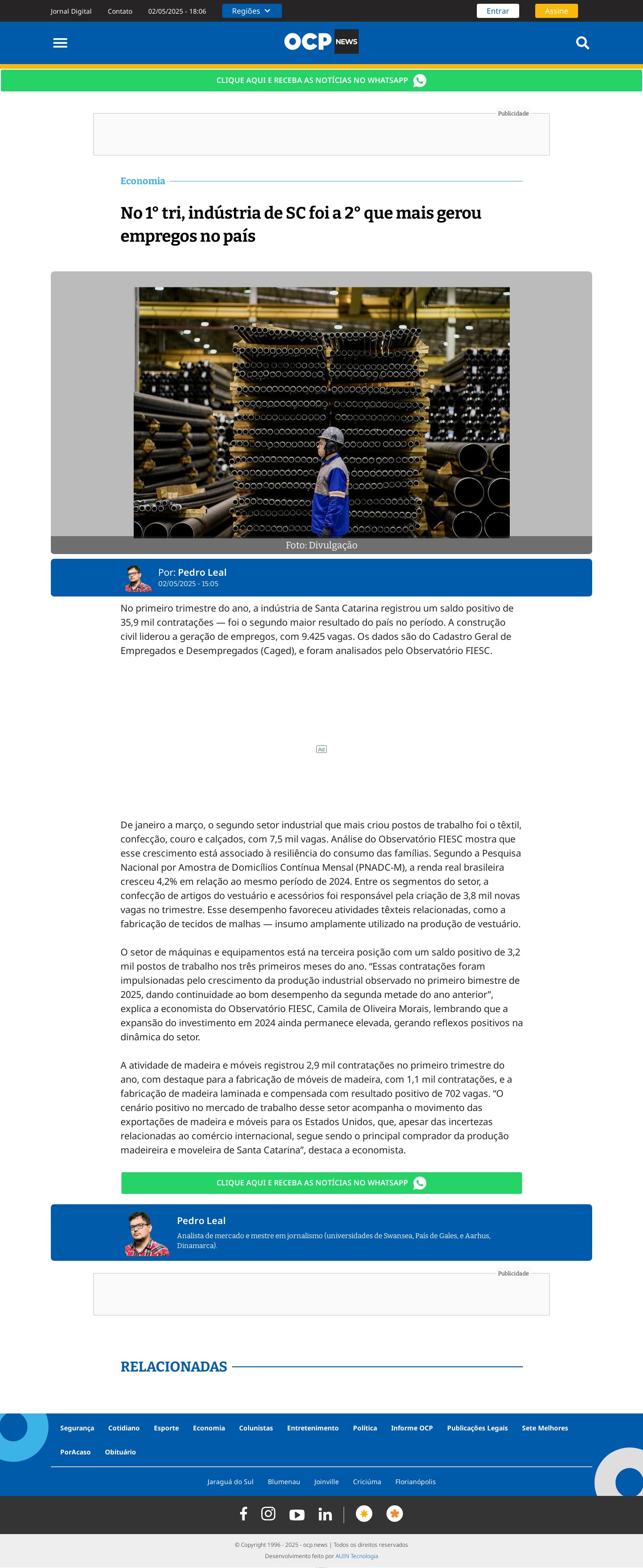 No 1° tri, indústria de SC foi a 2° que mais gerou empregos no país 