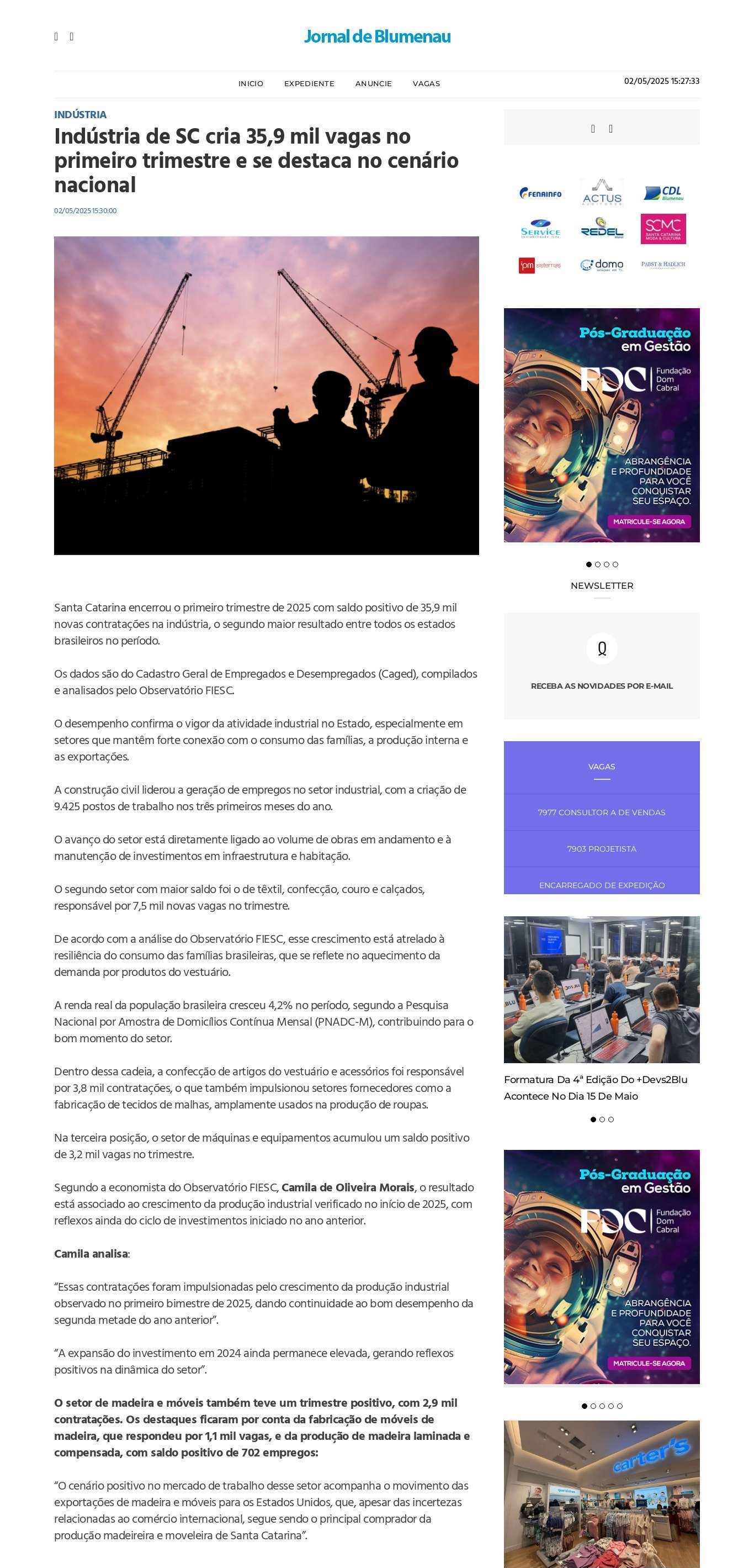 Indústria de SC cria 35,9 mil vagas no primeiro trimestre e se destaca no cenário nacional