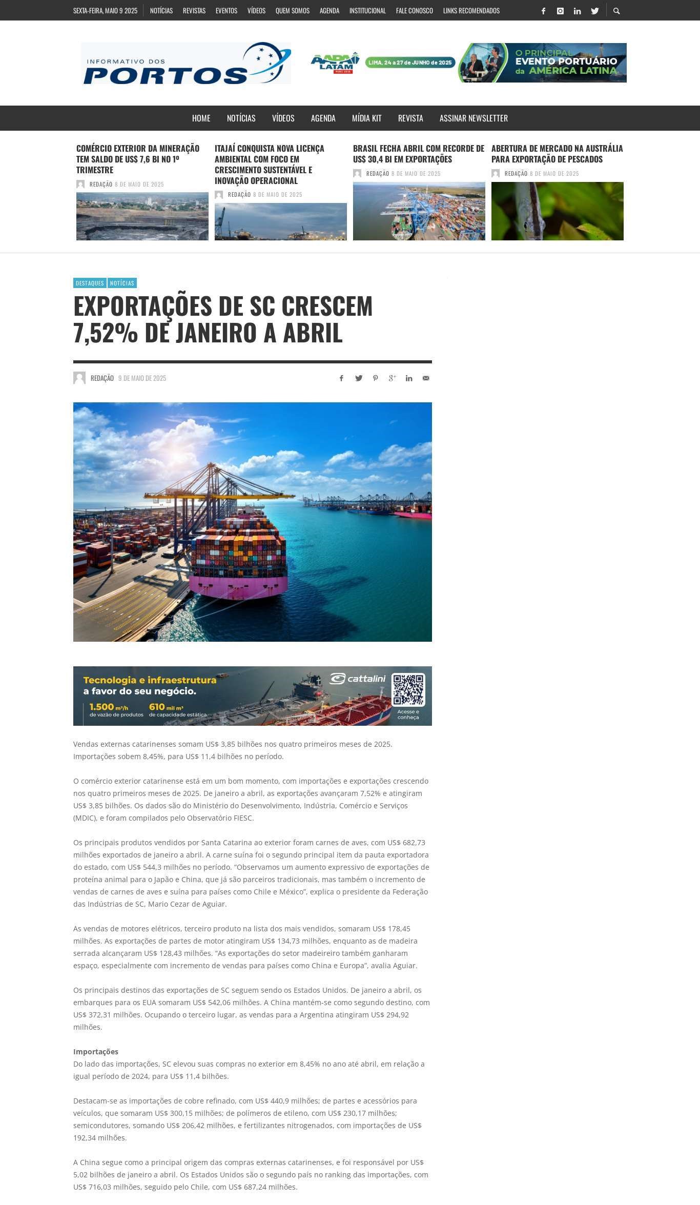 Vendas externas catarinenses somam US$ 3,85 bilhões nos quatro primeiros meses de 2025