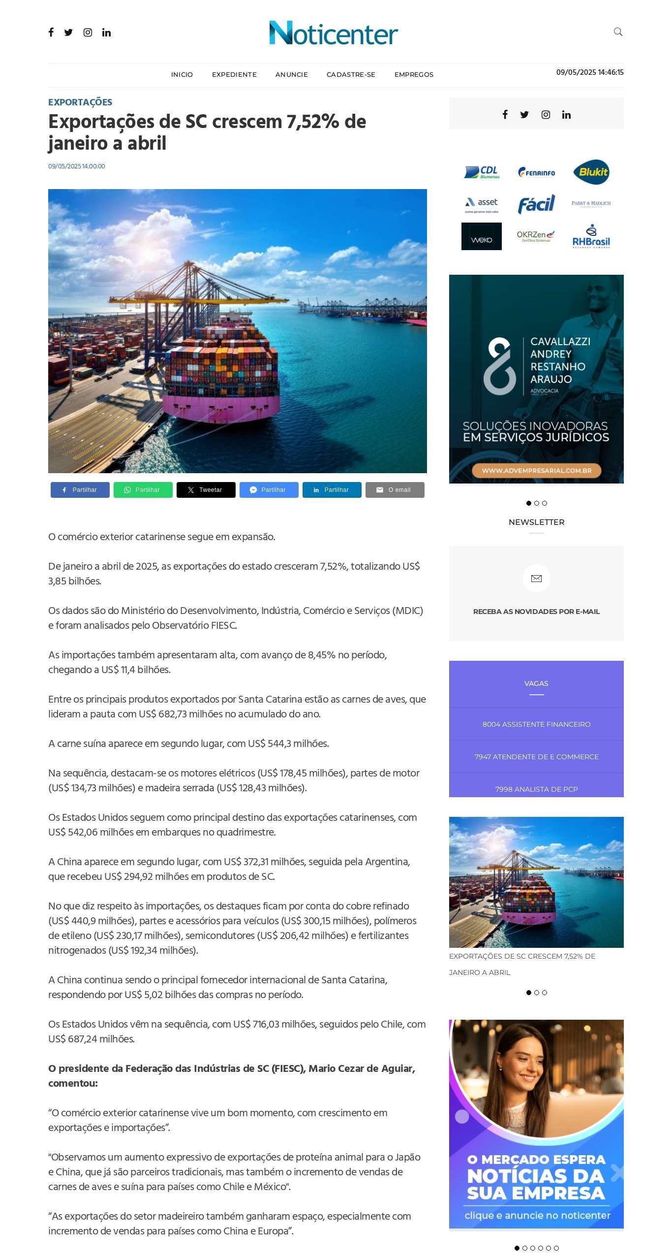 Exportações de SC crescem 7,52% em quatro meses 