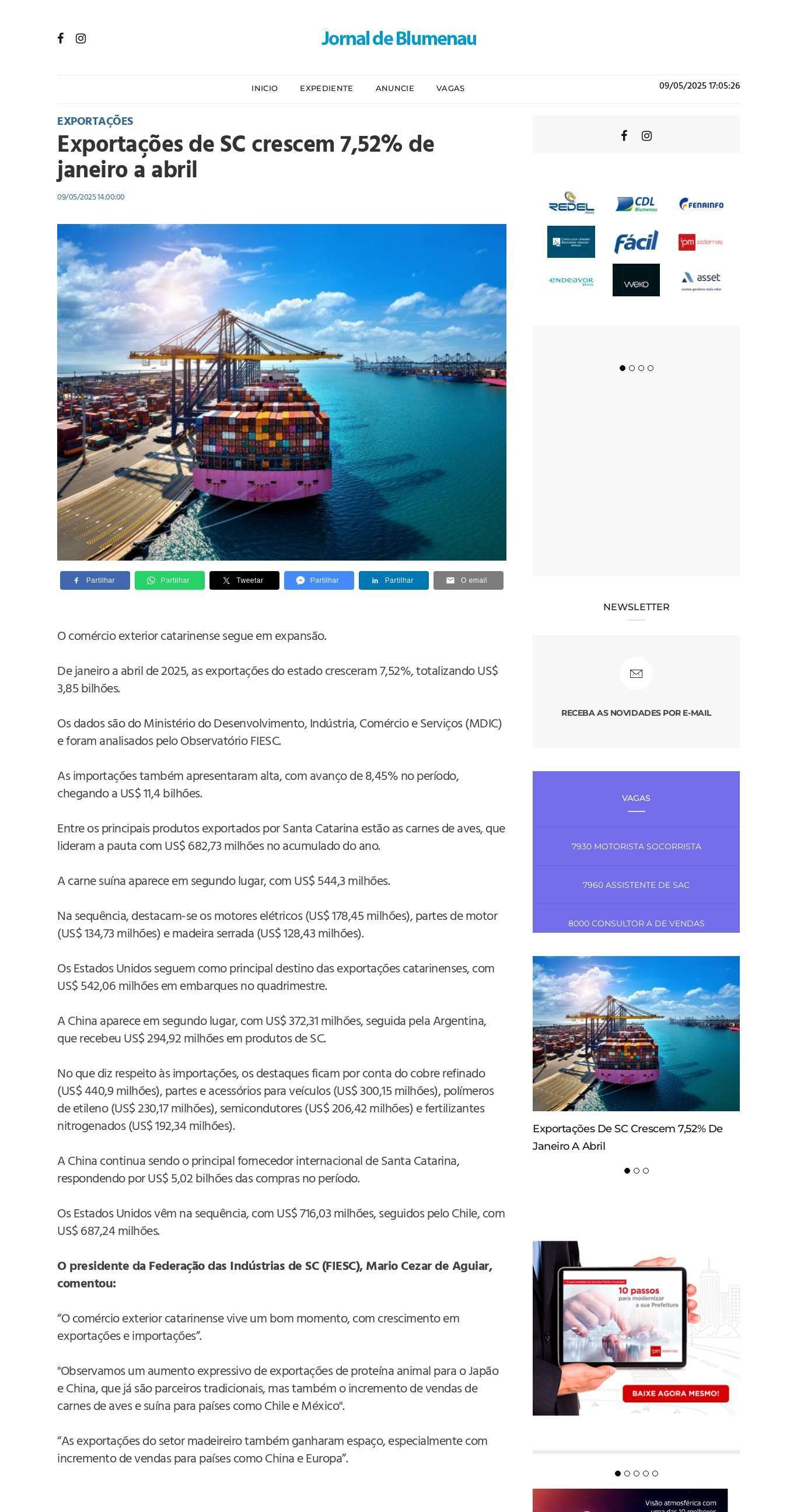 Exportações de SC crescem 7,52% de janeiro a abril
