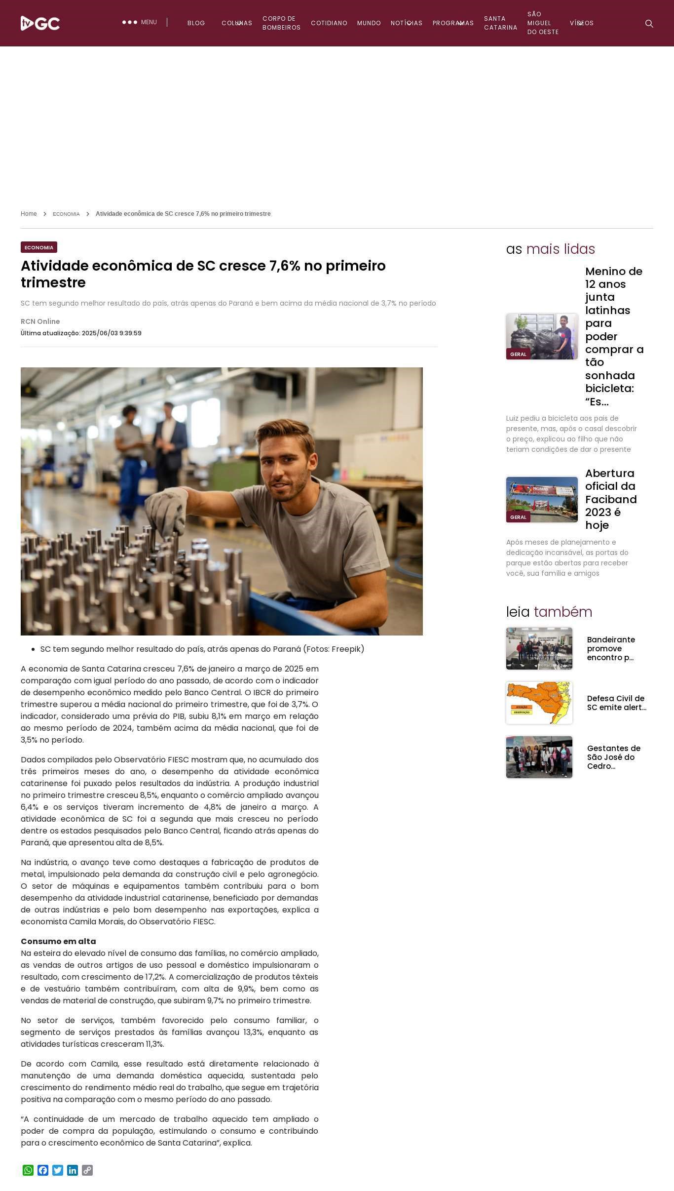 Atividade econômica de SC cresce 7,6% no primeiro trimestre