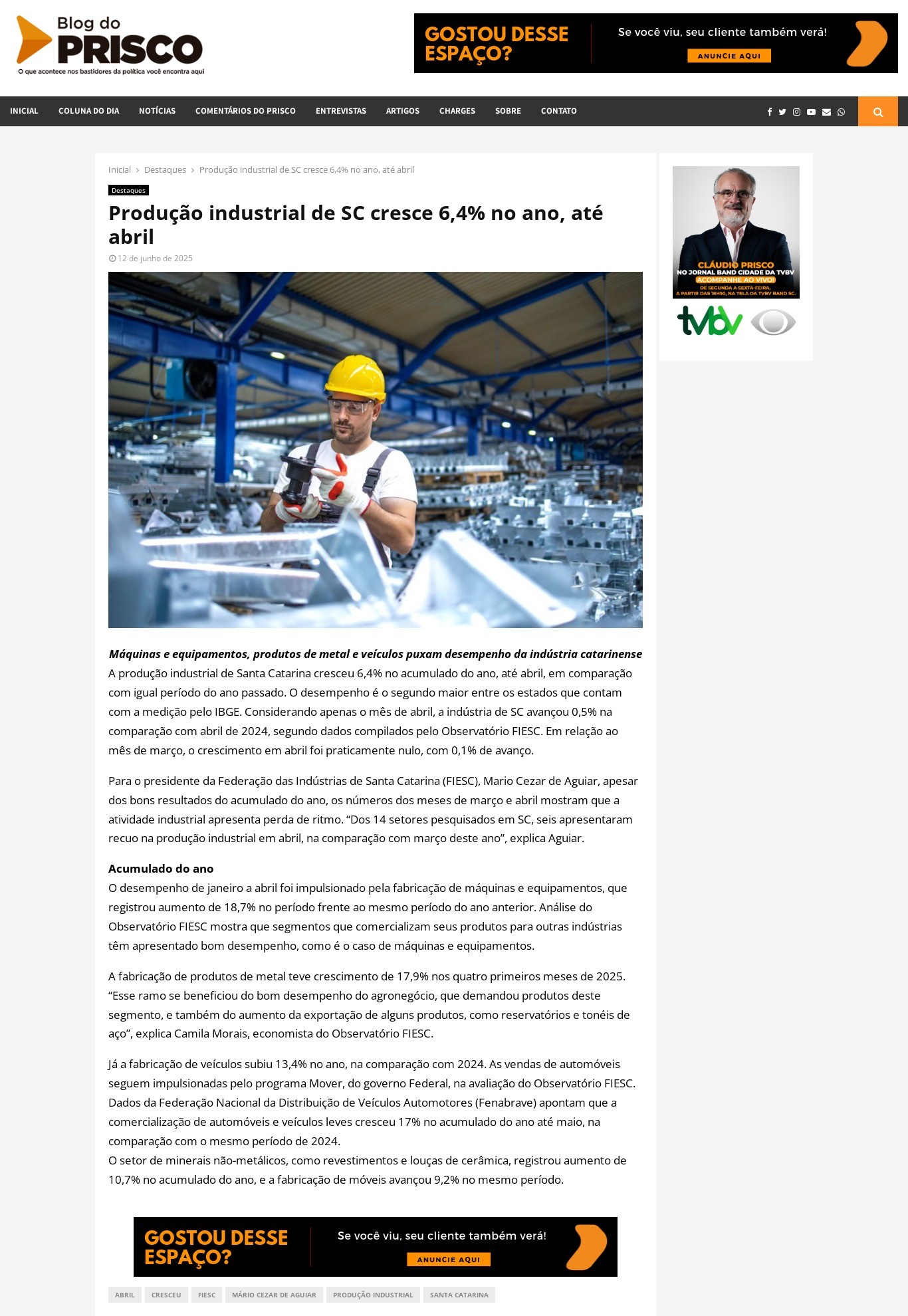 Produção industrial de SC cresce 6,4% no ano, até abril 