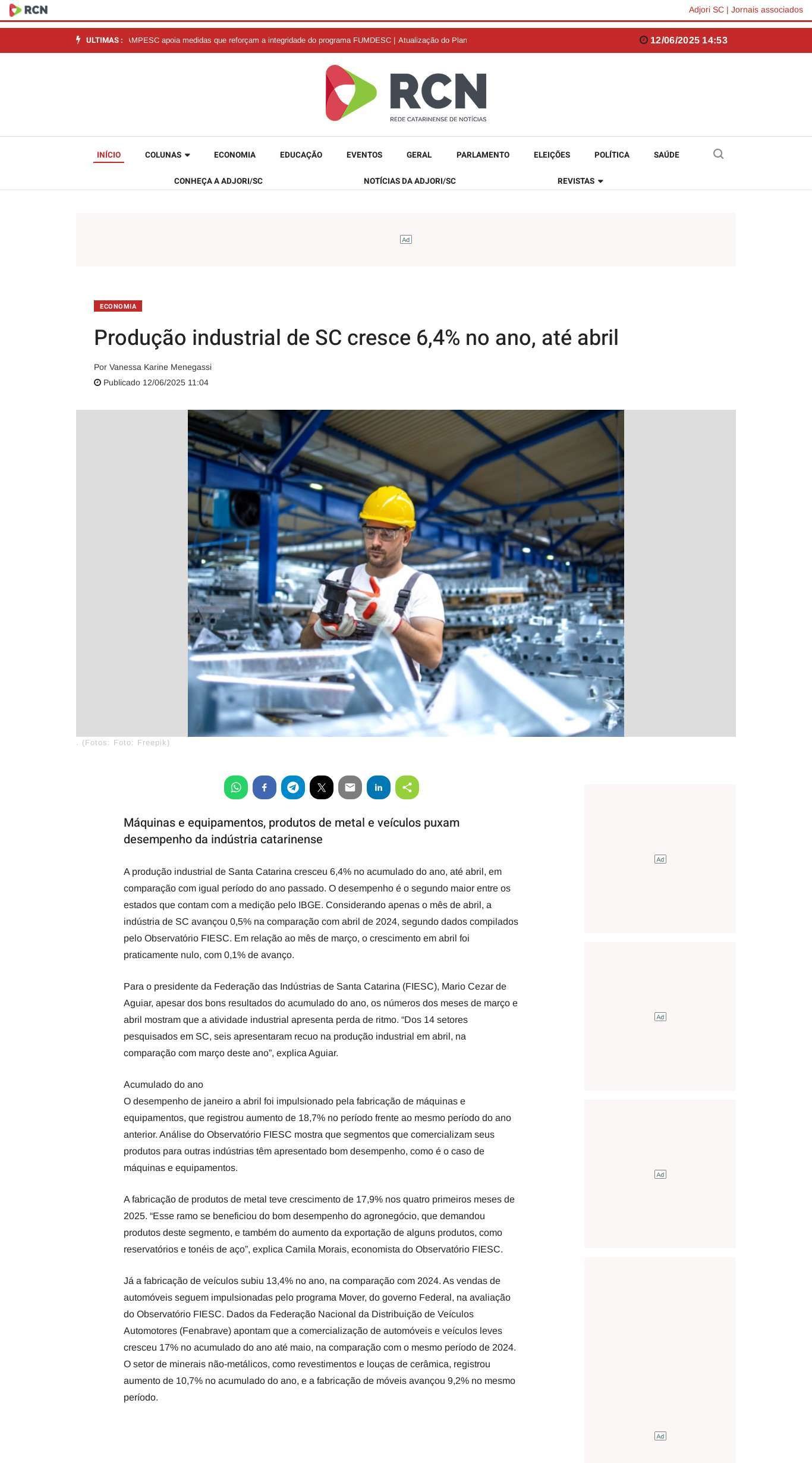 Produção industrial de SC cresce 6,4% no ano, até abril 
