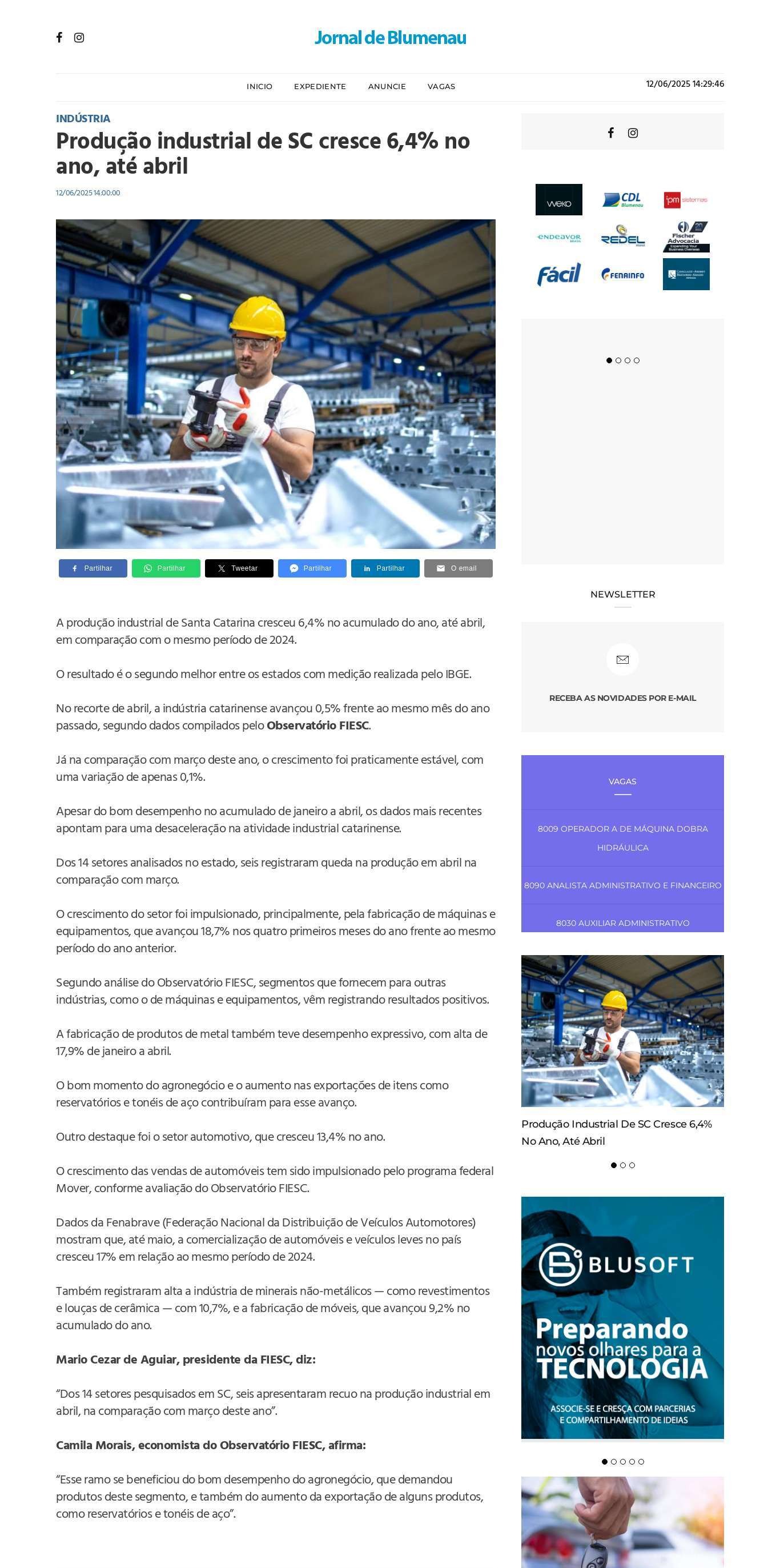 Produção industrial de SC cresce até abril
