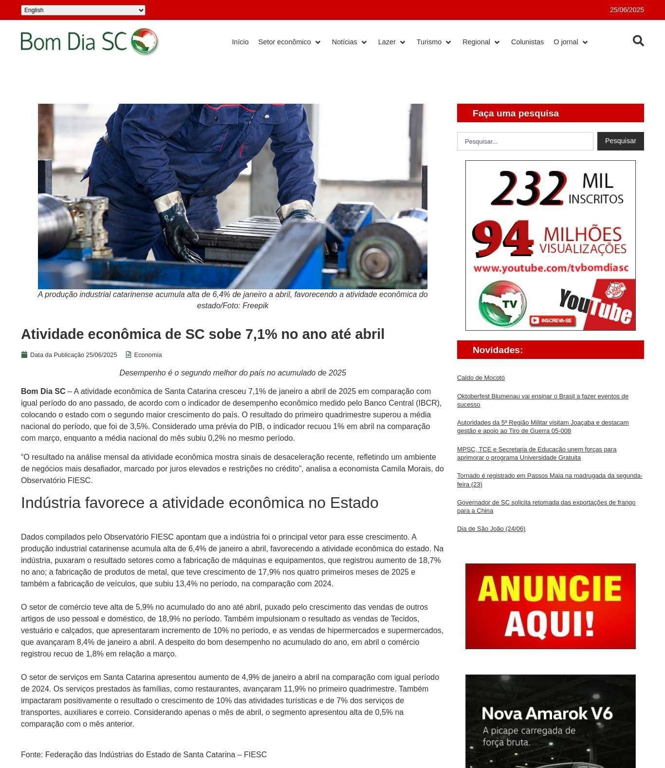 Atividade econômica de SC sobe 7,1% no ano até abril 