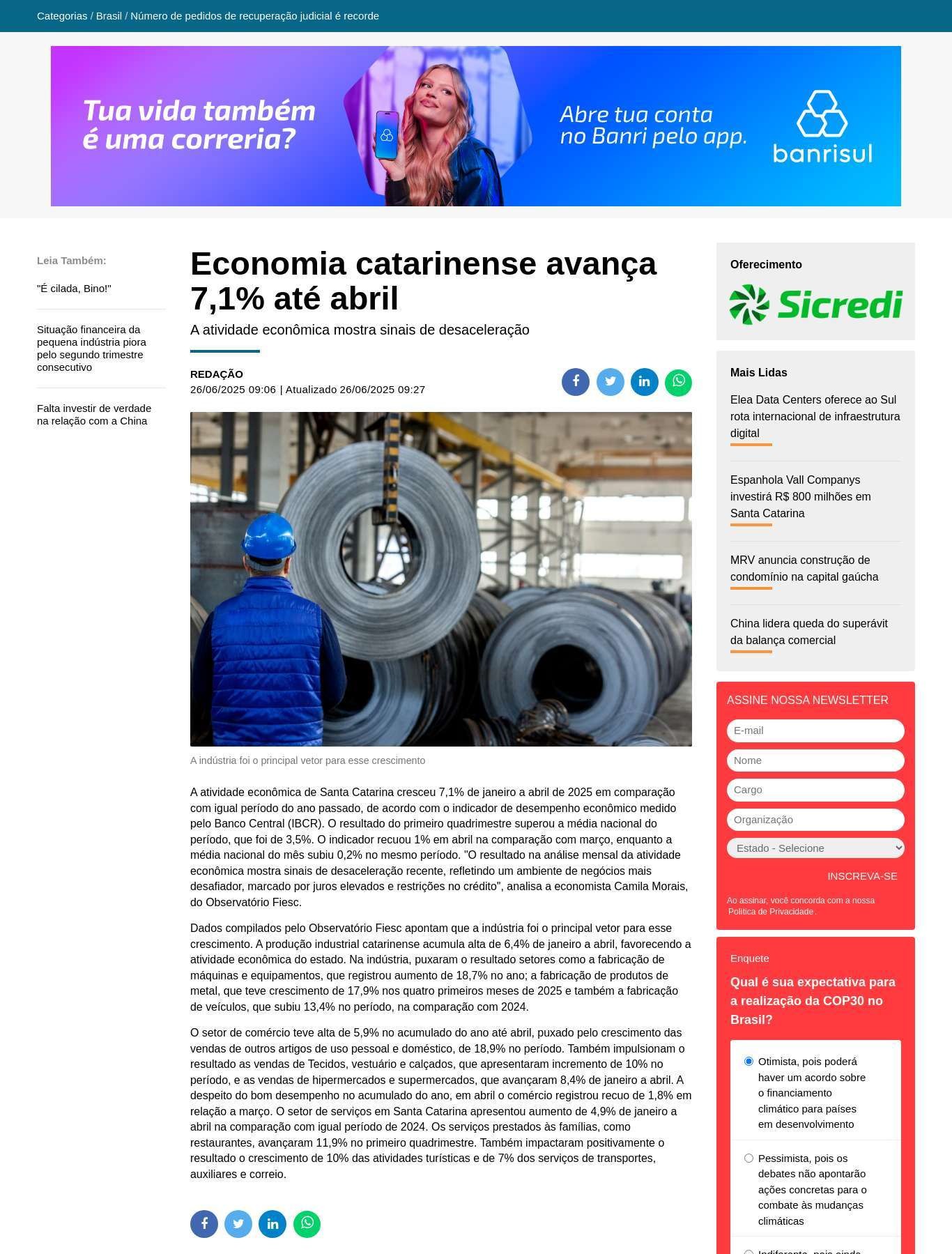 Economia catarinense avança 7,1% até abril 