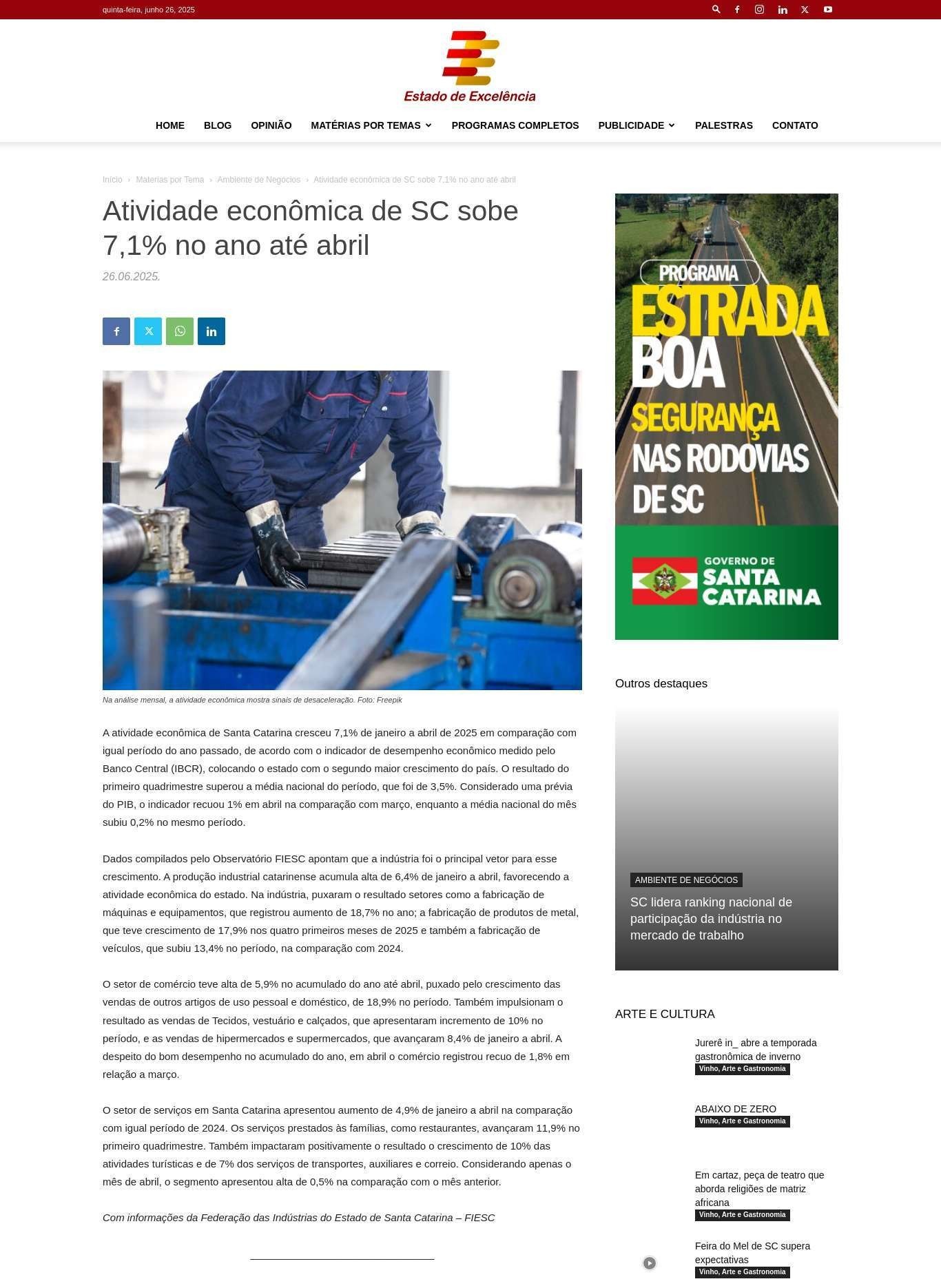 Produção industrial catarinense acumula alta de 6,4% 