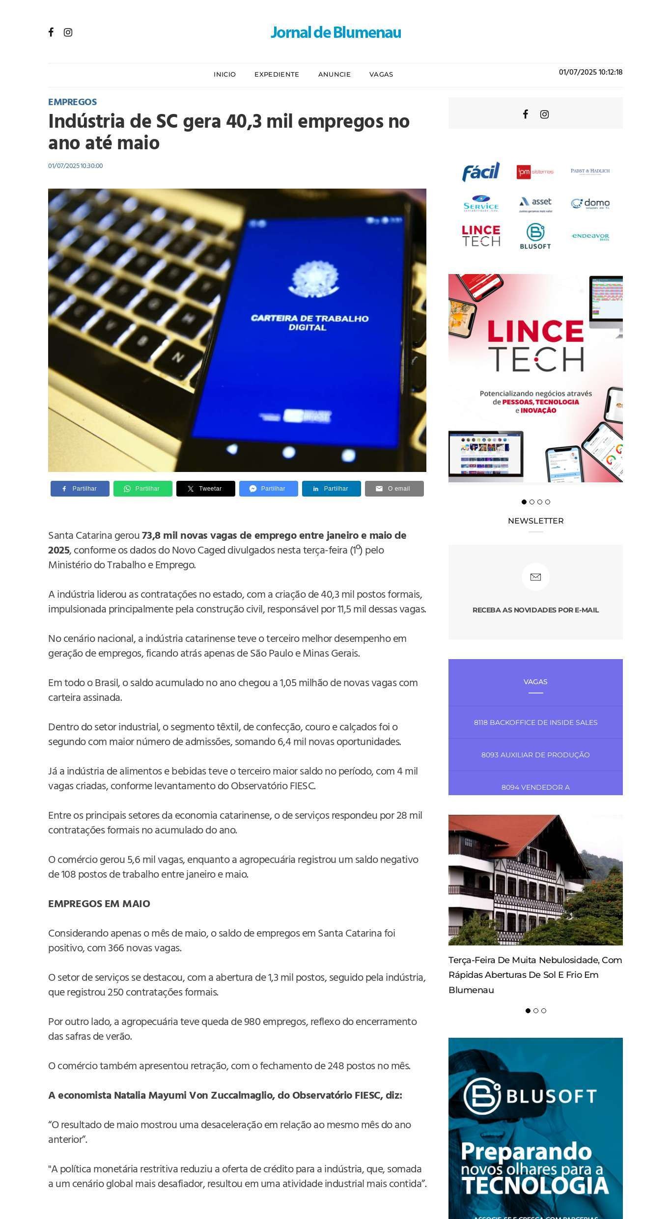 Indústria lidera contratações em SC com a criação de 40,3 mil vagas até maio