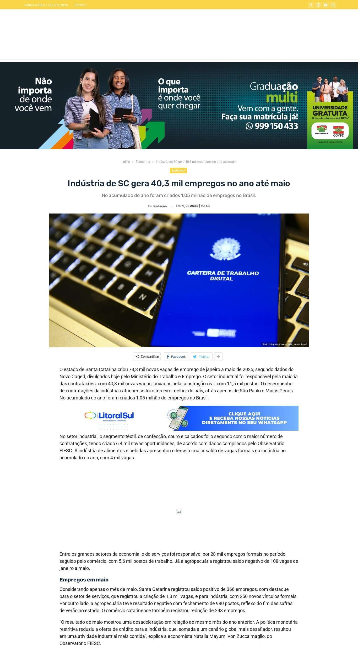 Indústria de SC gera 40,3 mil empregos no ano até maio