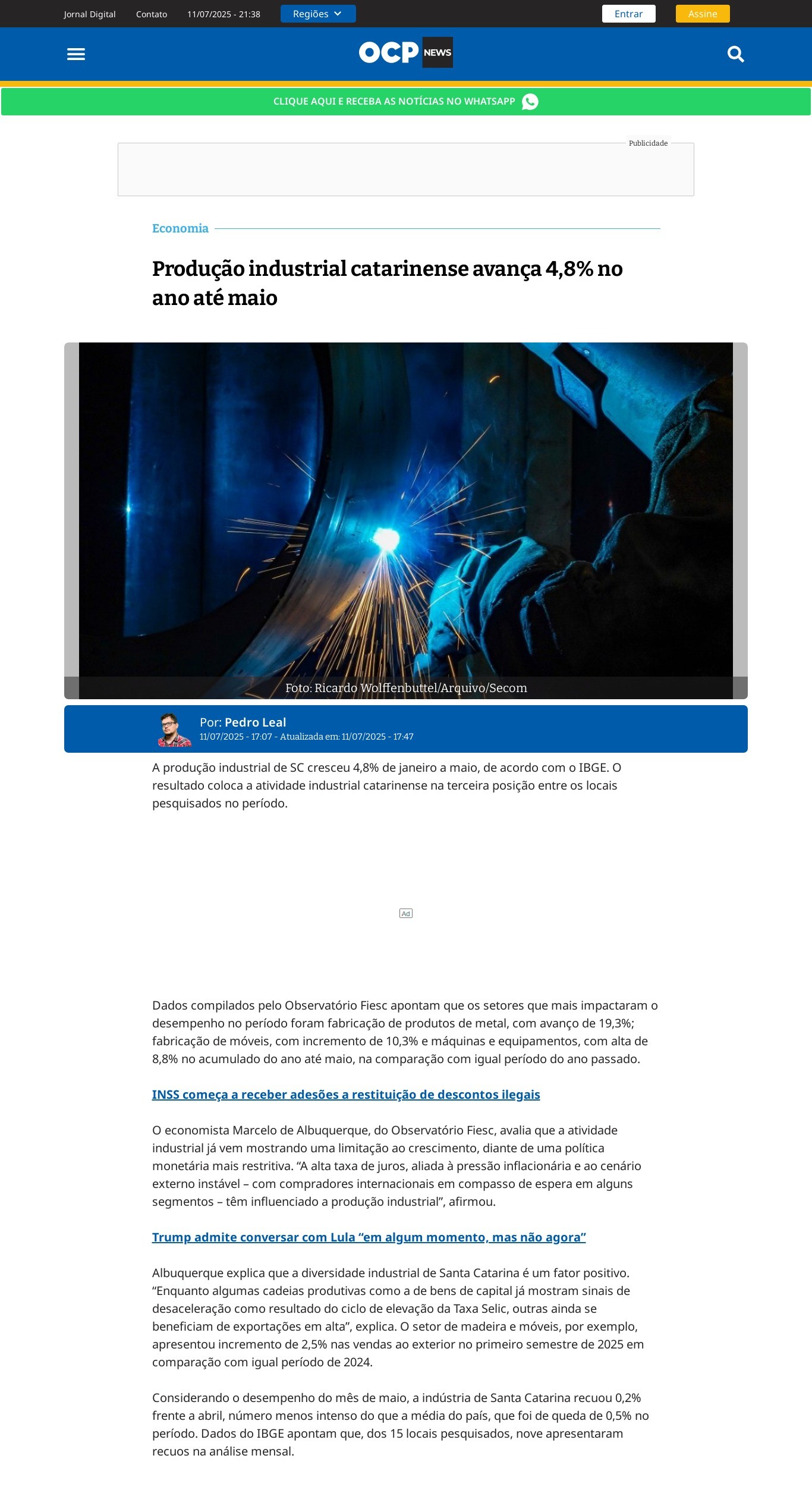 Produção industrial de SC cresceu 4,8% de janeiro a maio