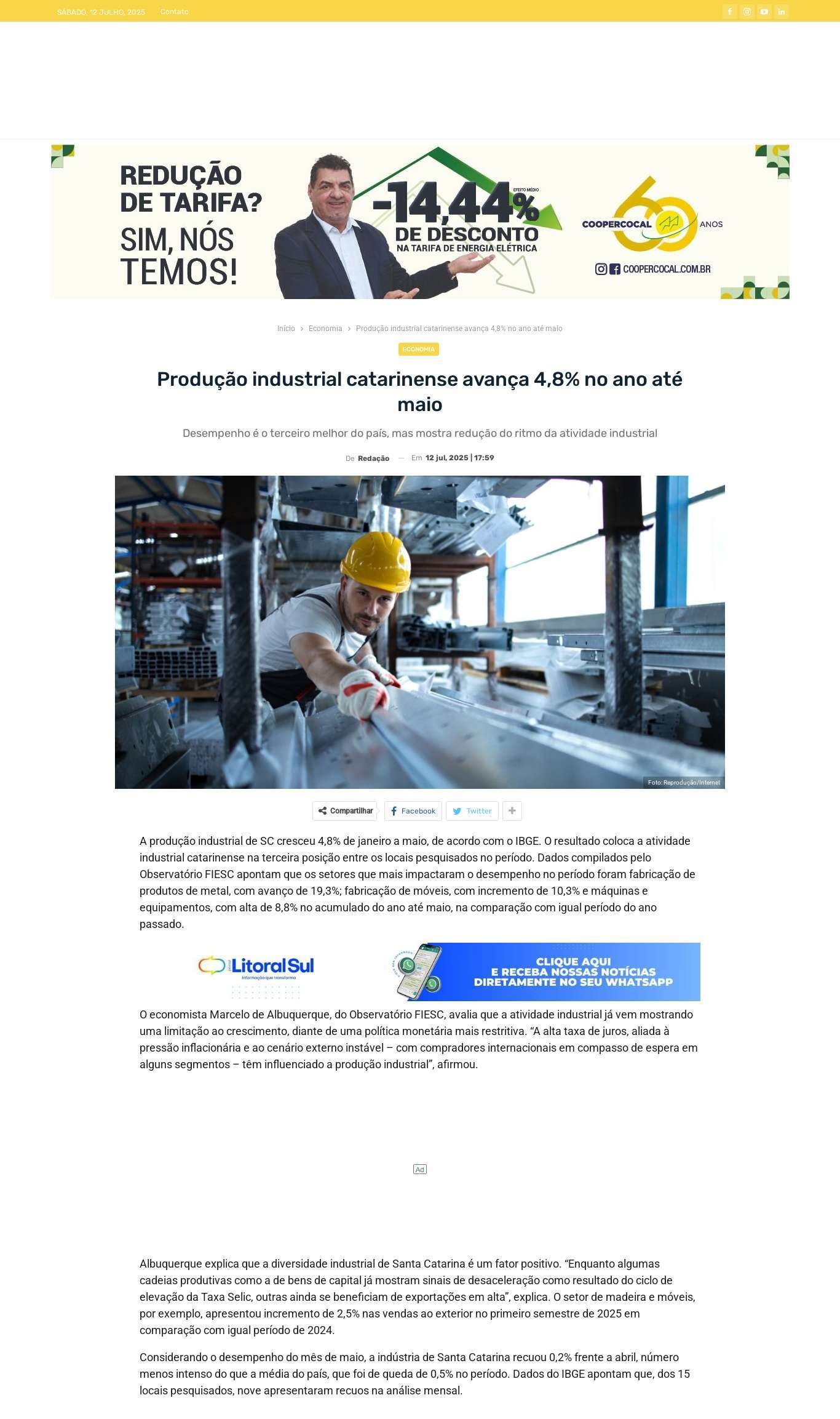 Produção industrial catarinense avança 4,8% no ano até maio 