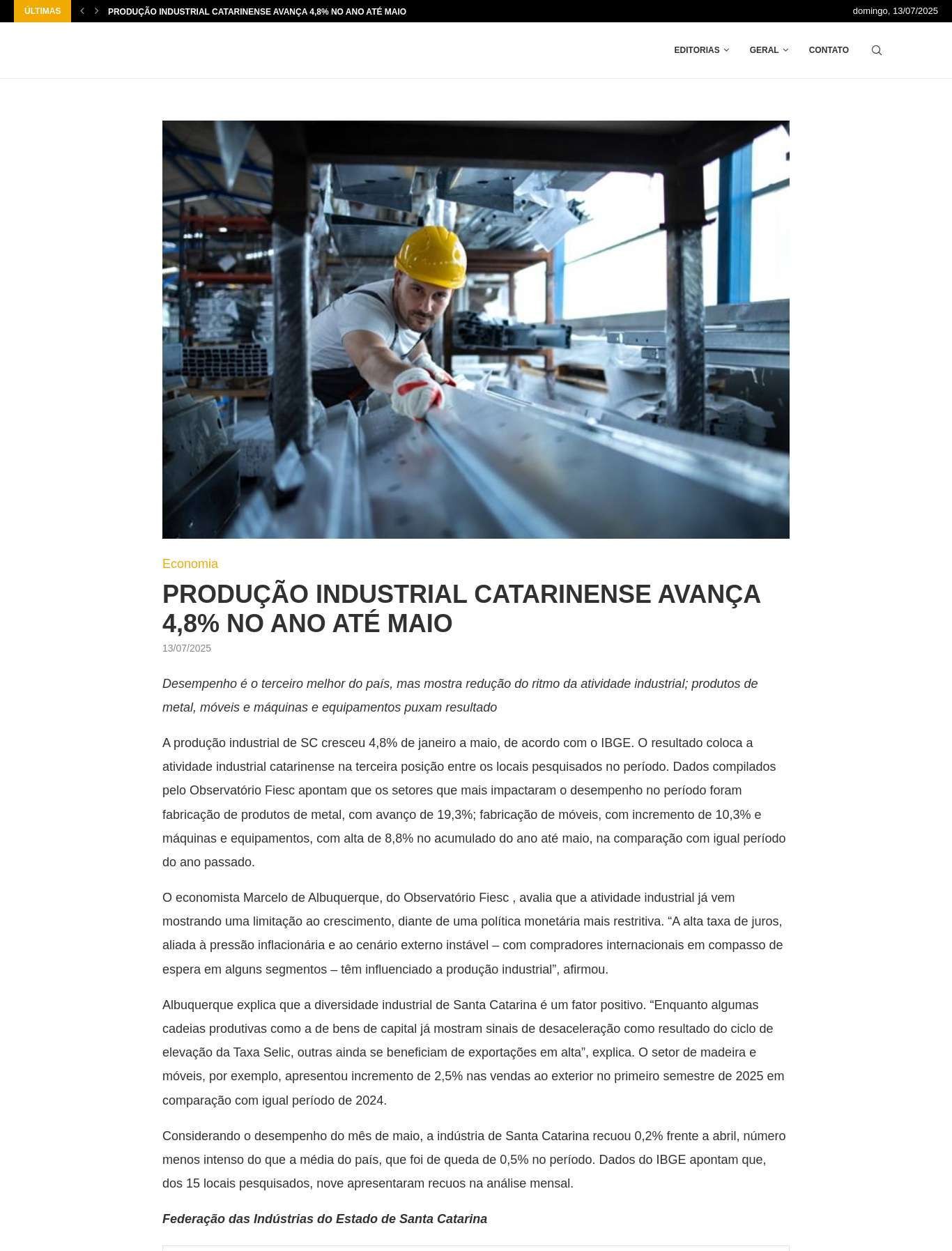 Desempenho industrial de SC é o terceiro melhor do país 