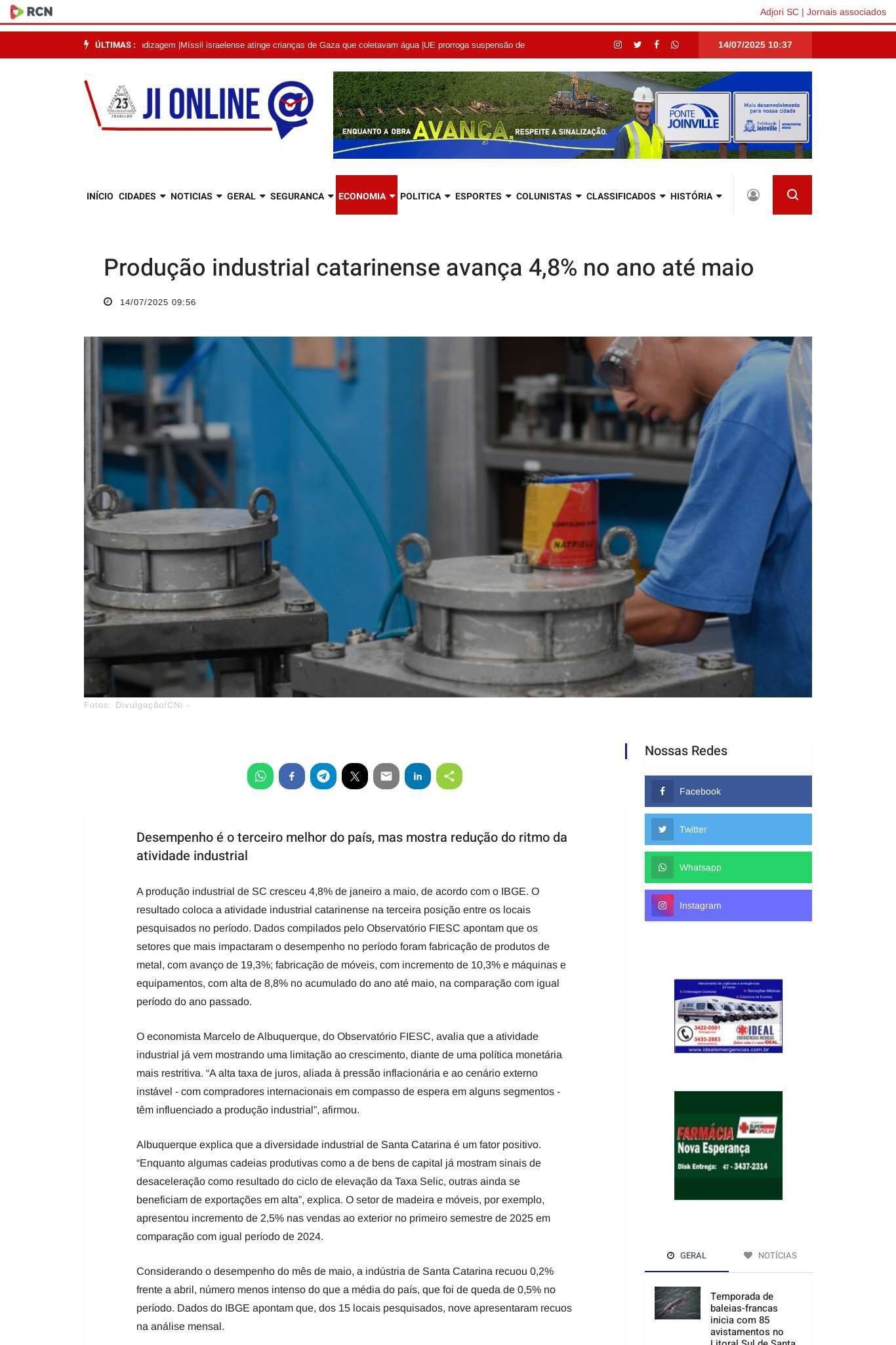 Produção industrial de SC cresceu 4,8% de janeiro a maio