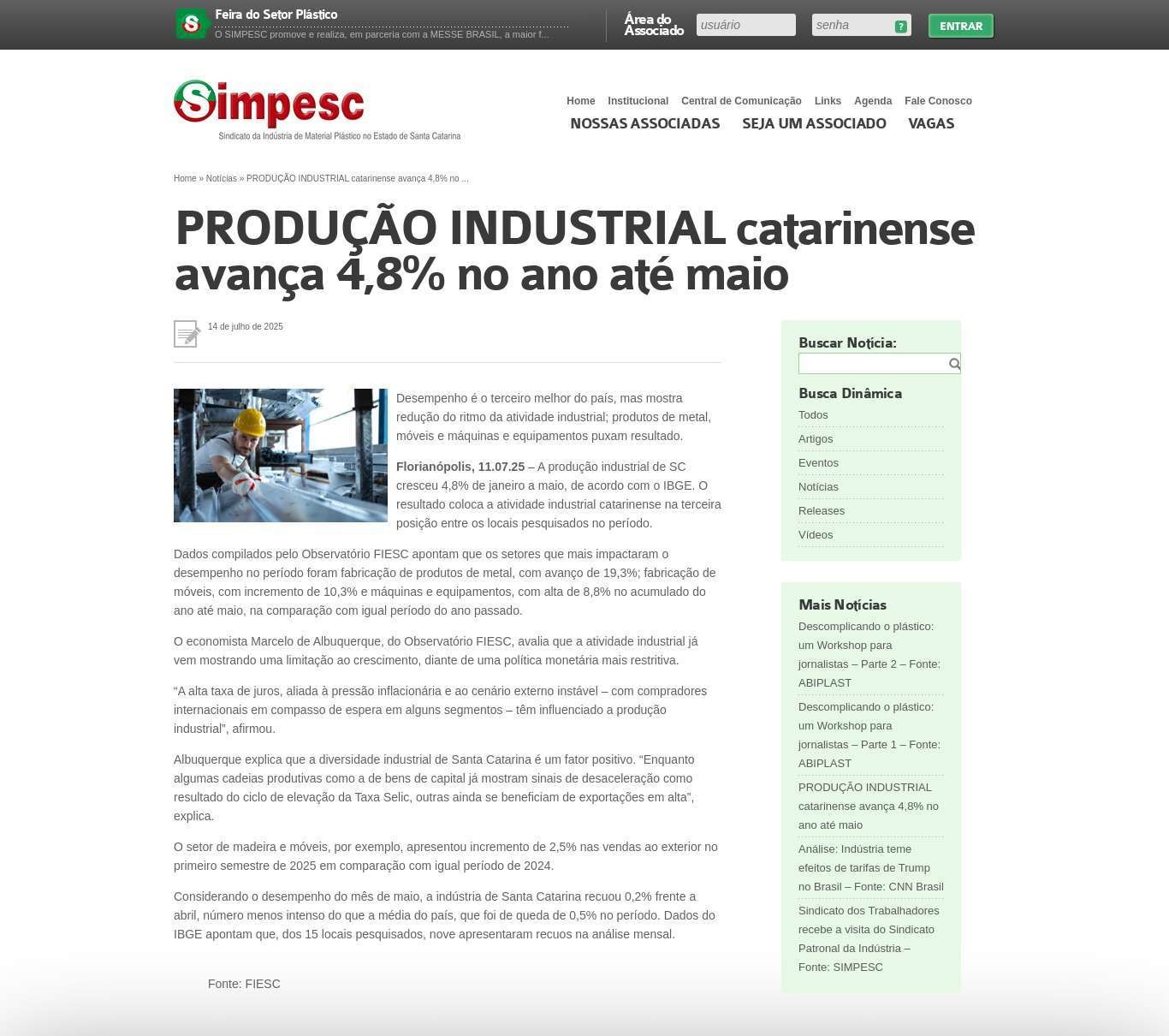  Produção industrial catarinense avança 4,8% em 5 meses 