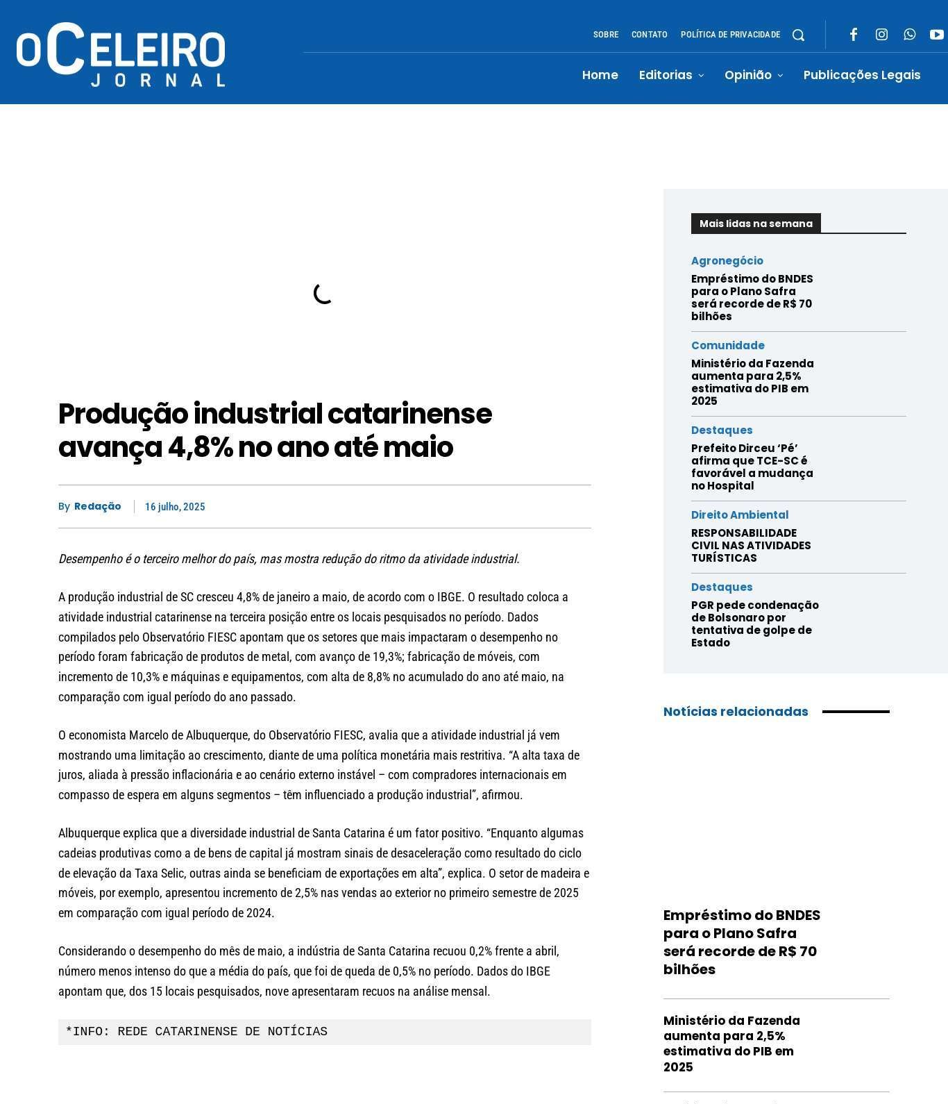 Produção industrial catarinense avança 4,8% no ano até maio 