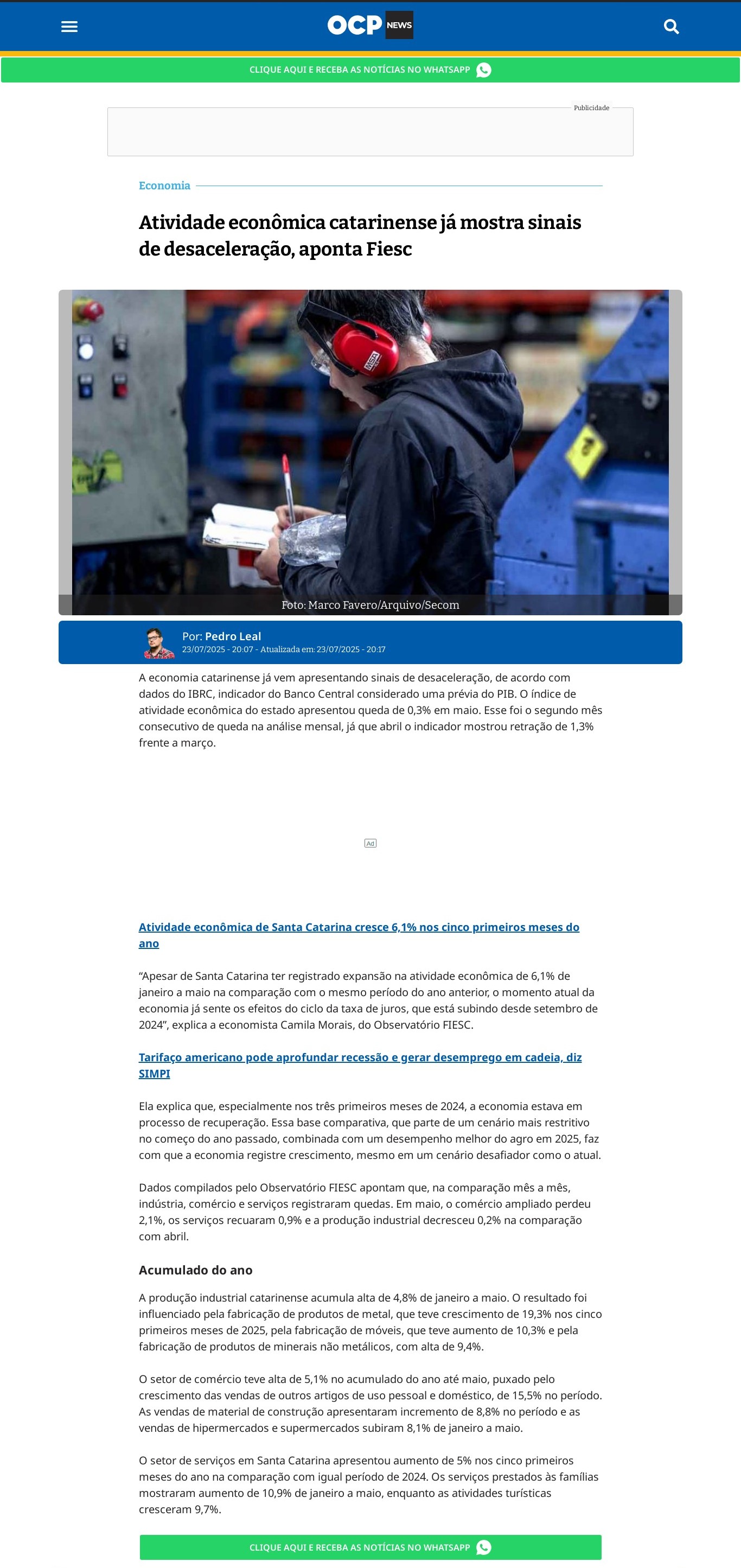 Economia catarinense já vem apresentando sinais de desaceleração