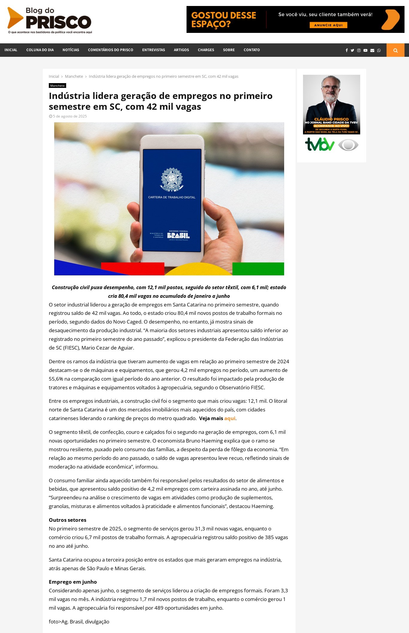 Indústria lidera geração de empregos no primeiro semestre em SC