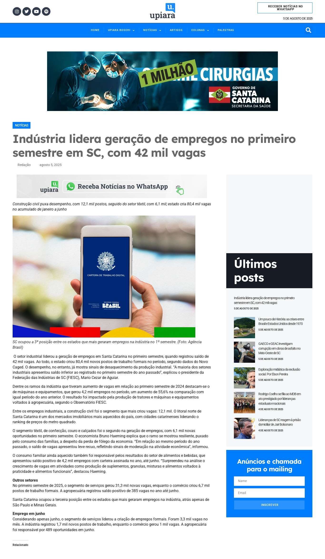 Indústria lidera geração de empregos no primeiro semestre em SC, com 42 mil vagas