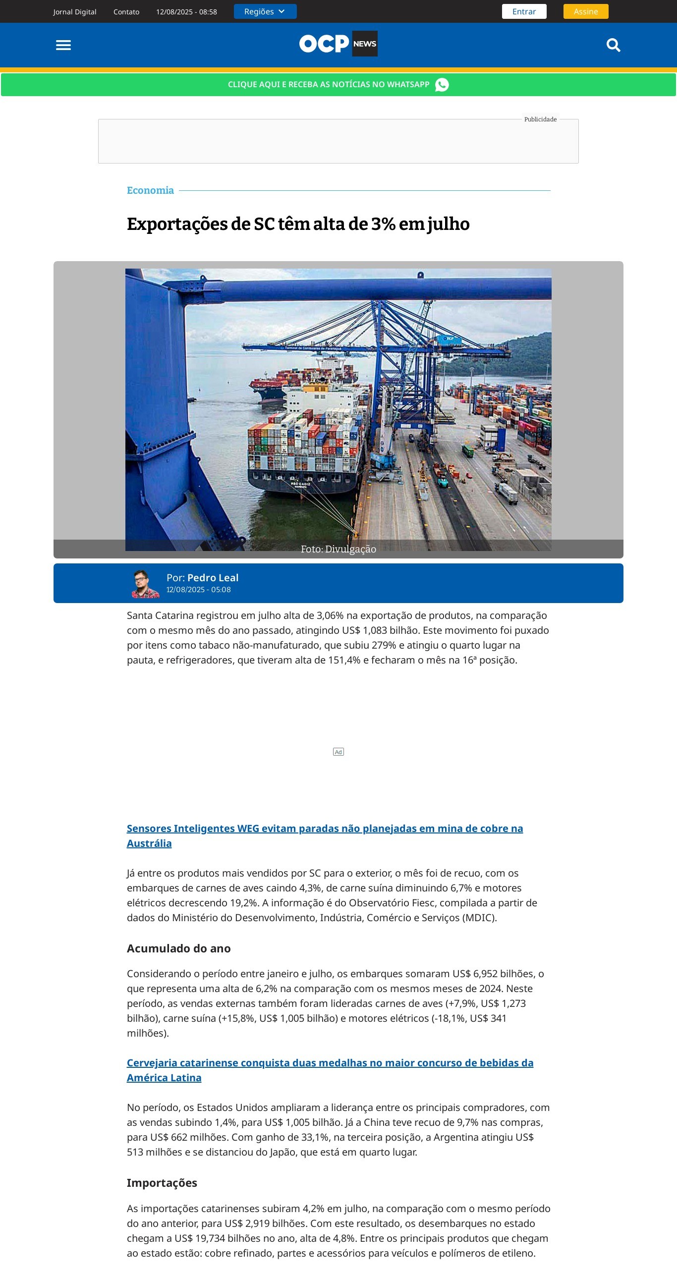 Exportações de SC têm alta de 3% em julho 