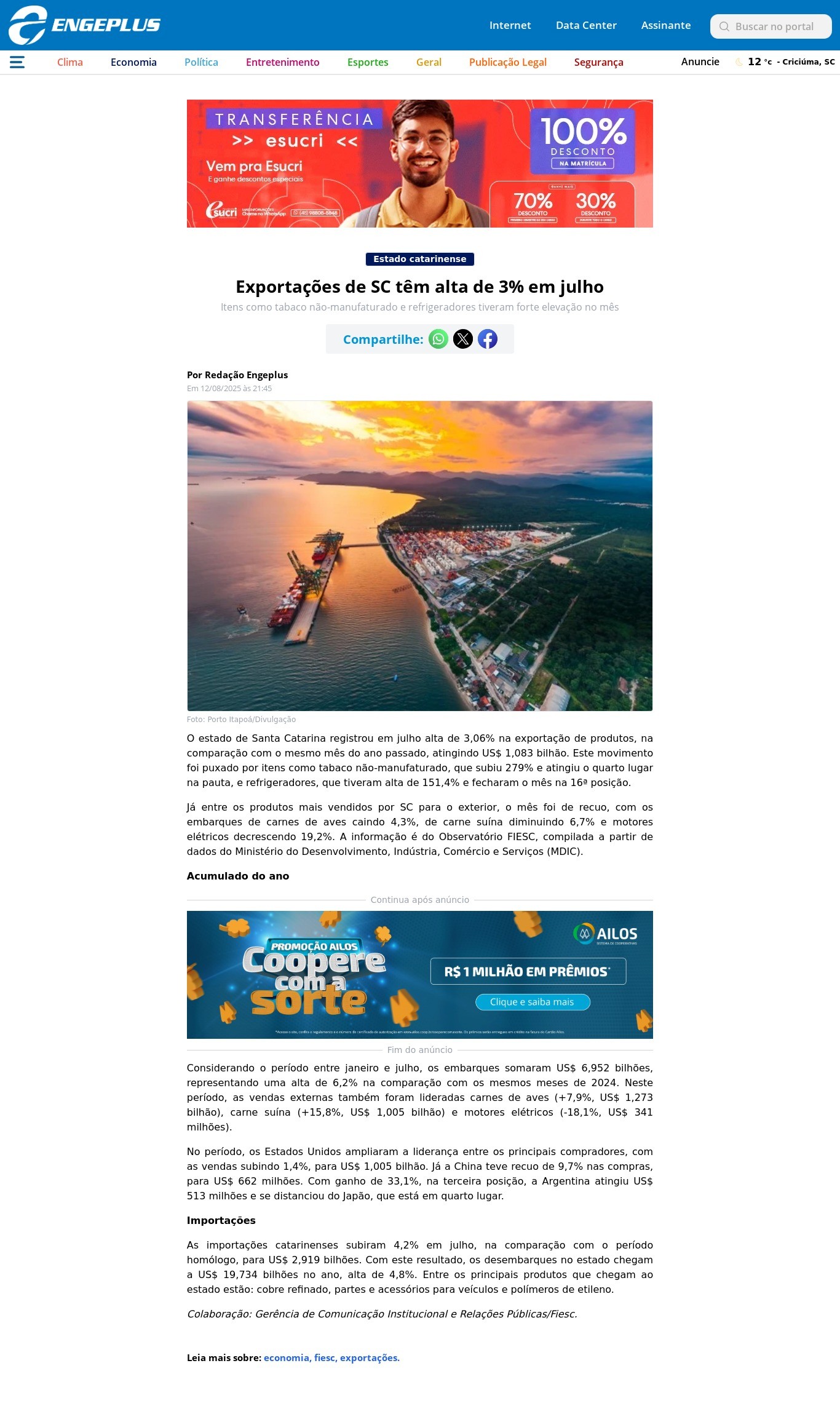 Santa Catarina registrou em julho alta de 3,06% na exportação de produtos