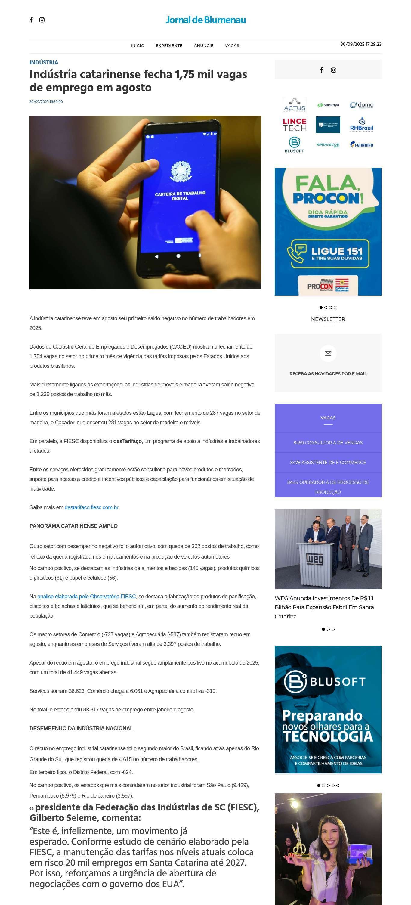 Indústria catarinense fecha 1,75 mil vagas de emprego em agosto 