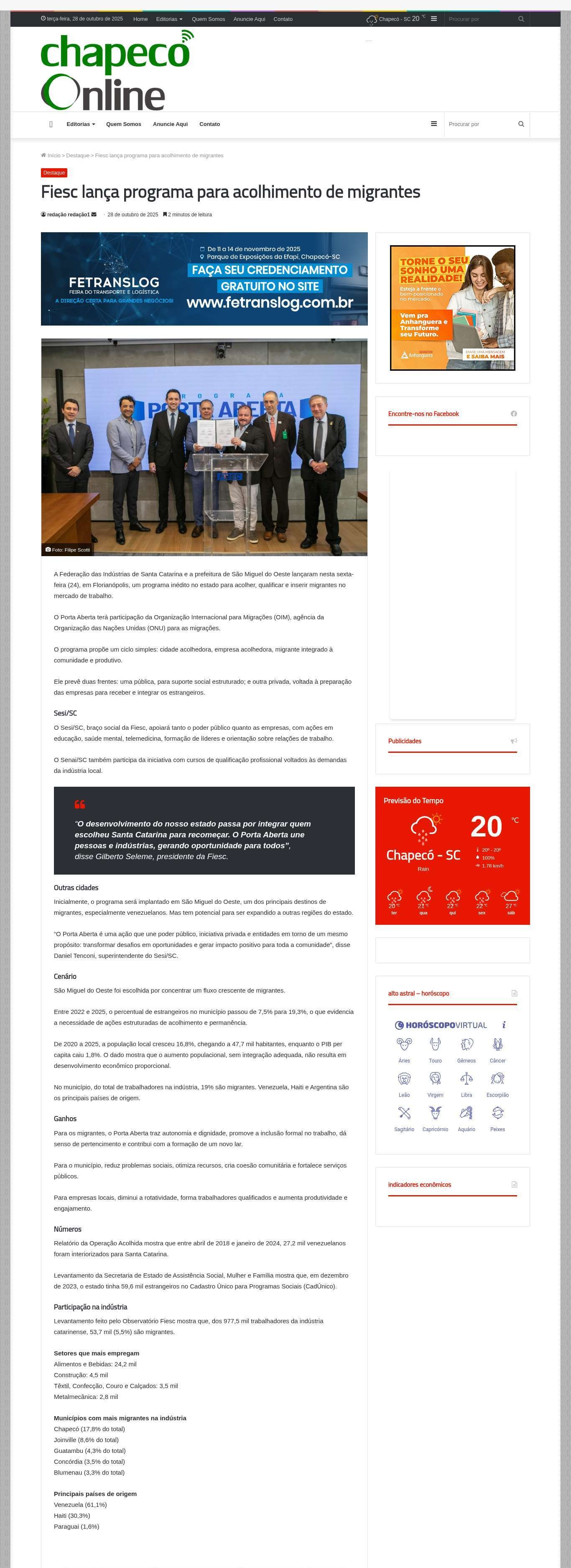 Fiesc lança programa para acolhimento de migrantes