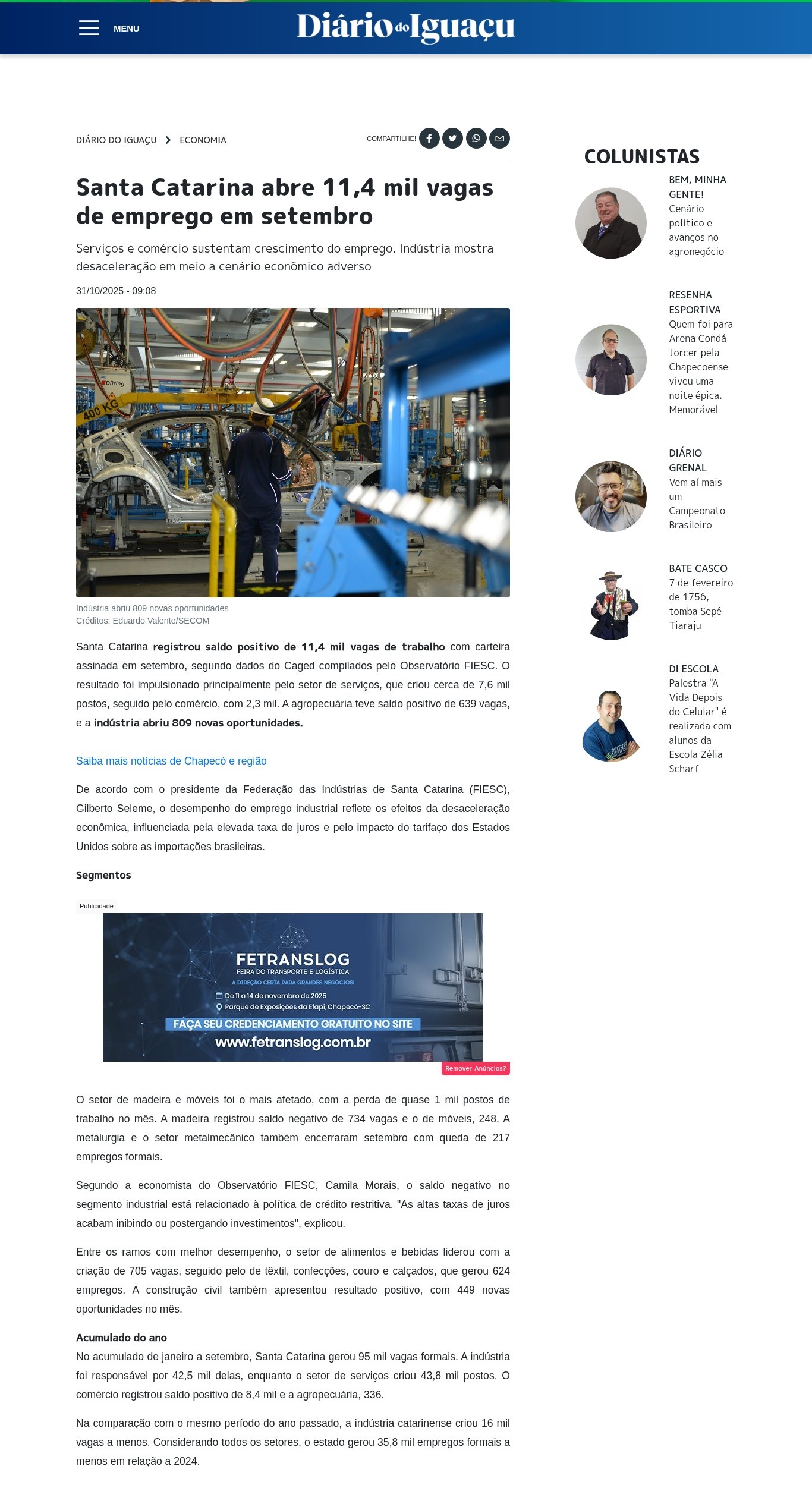 Santa Catarina abre 11,4 mil vagas de emprego em setembro