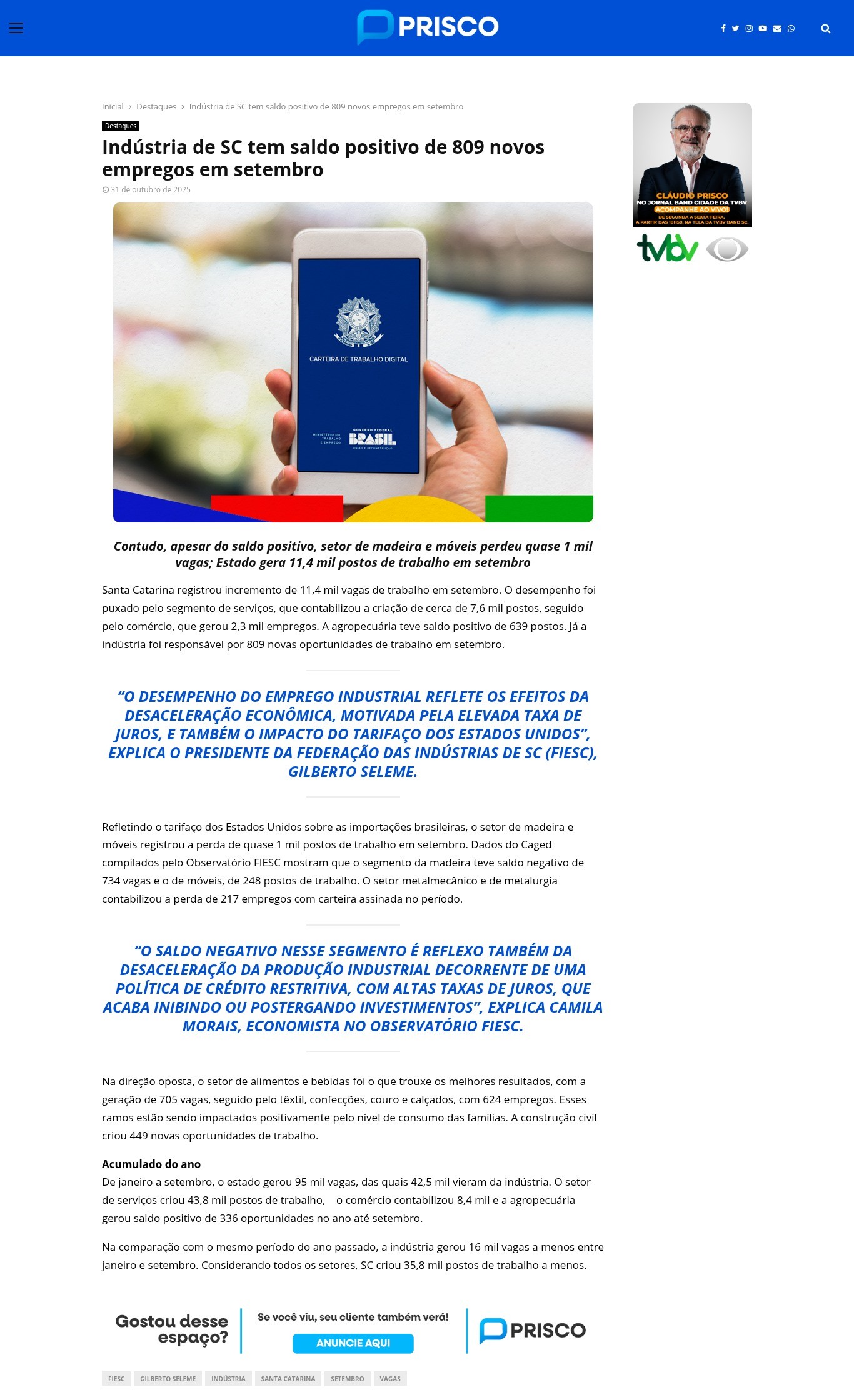 Indústria de SC tem saldo positivo de 809 novos empregos em setembro