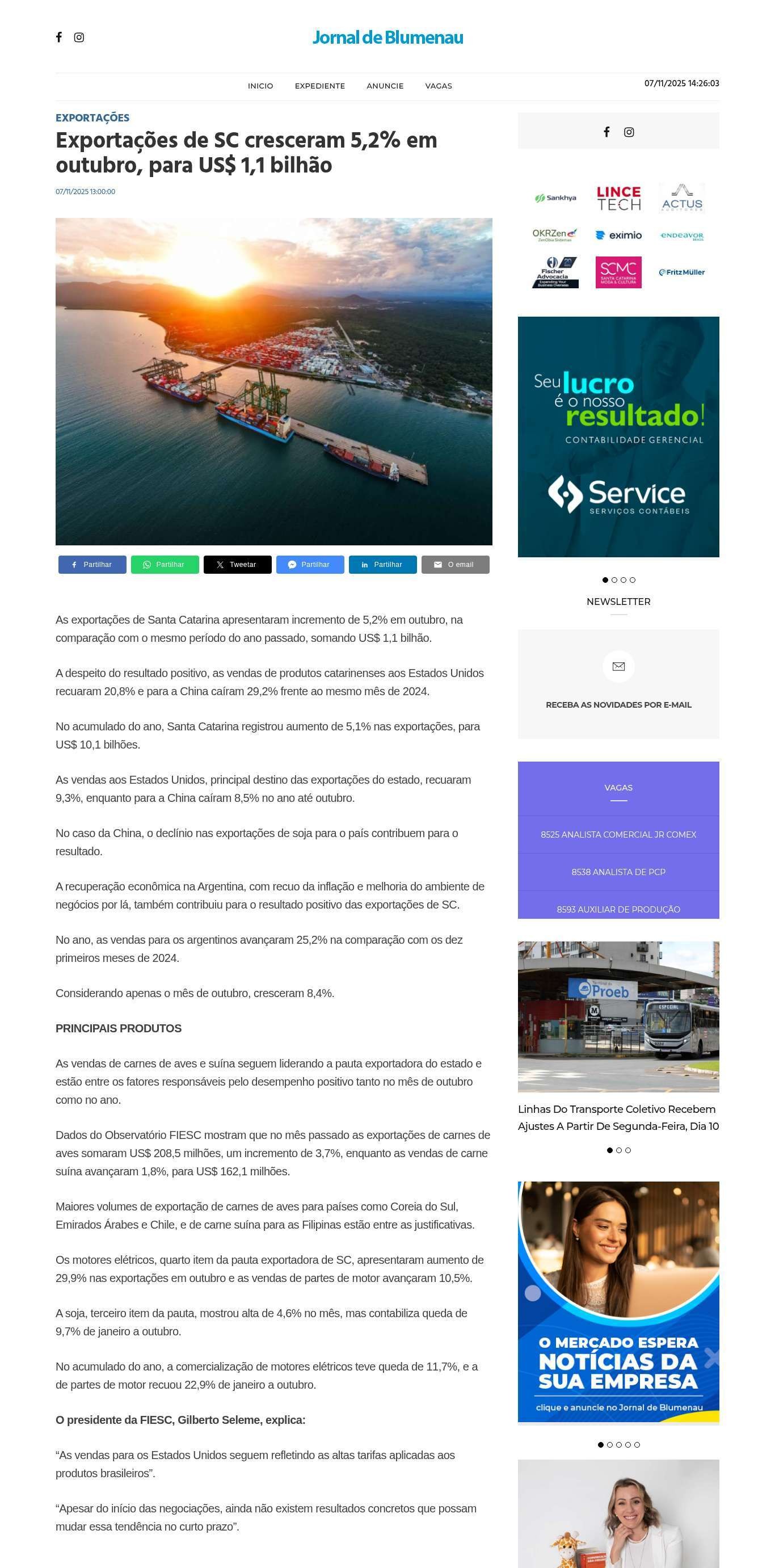 Exportações de SC cresceram 5,2% em outubro, para US$ 1,1 bilhão