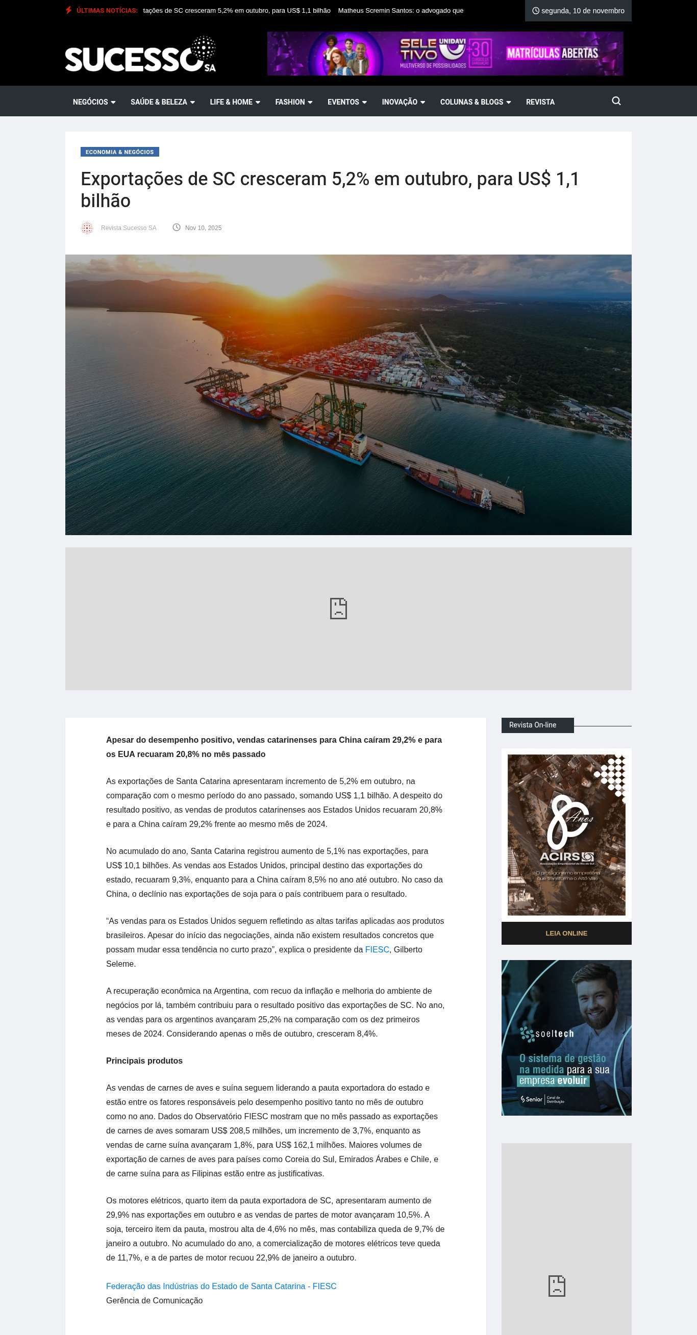 Exportações de SC cresceram 5,2% em outubro