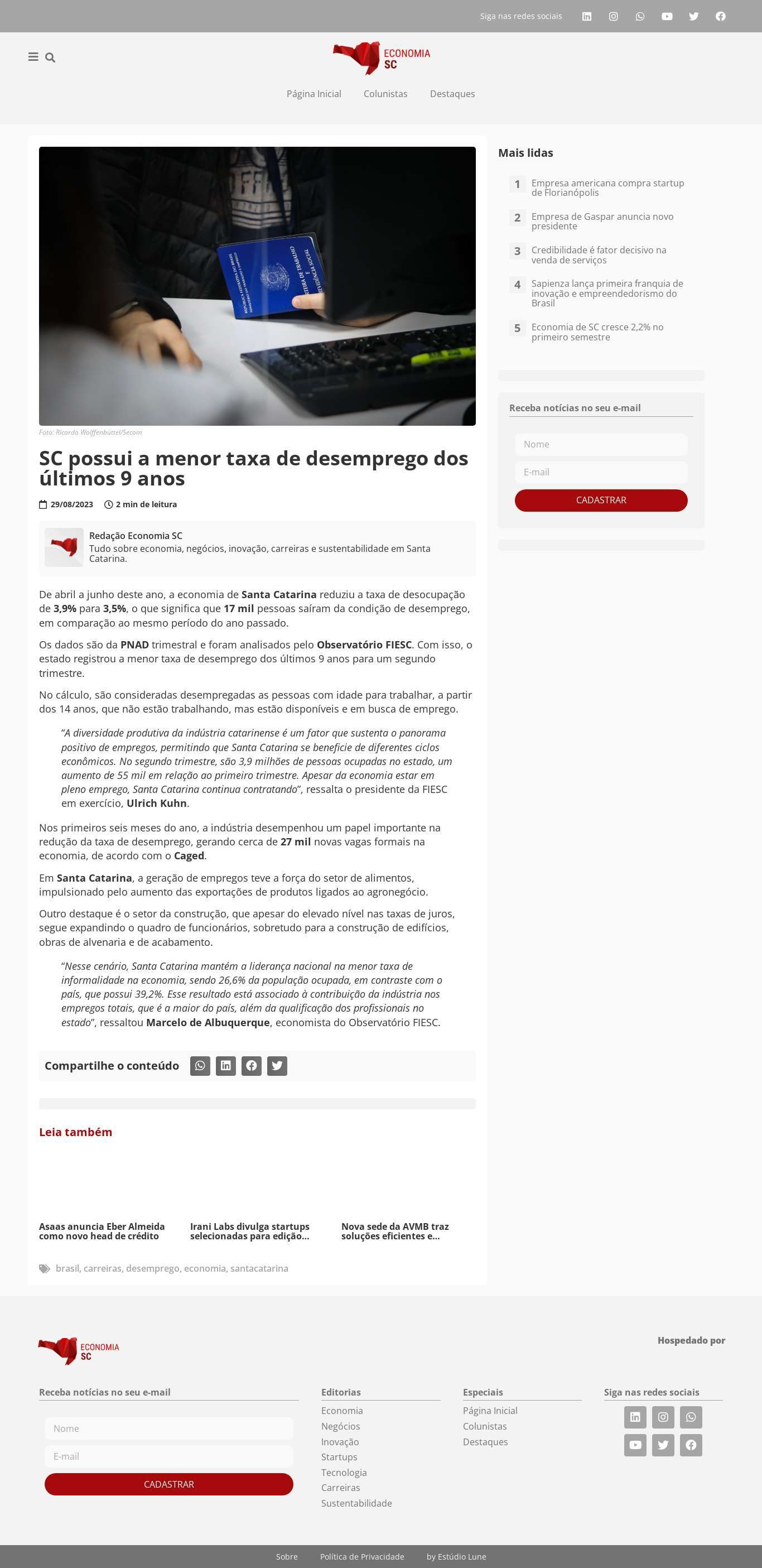 SC possui menor taxa de desemprego dos últimos 9 anos - Economia SC