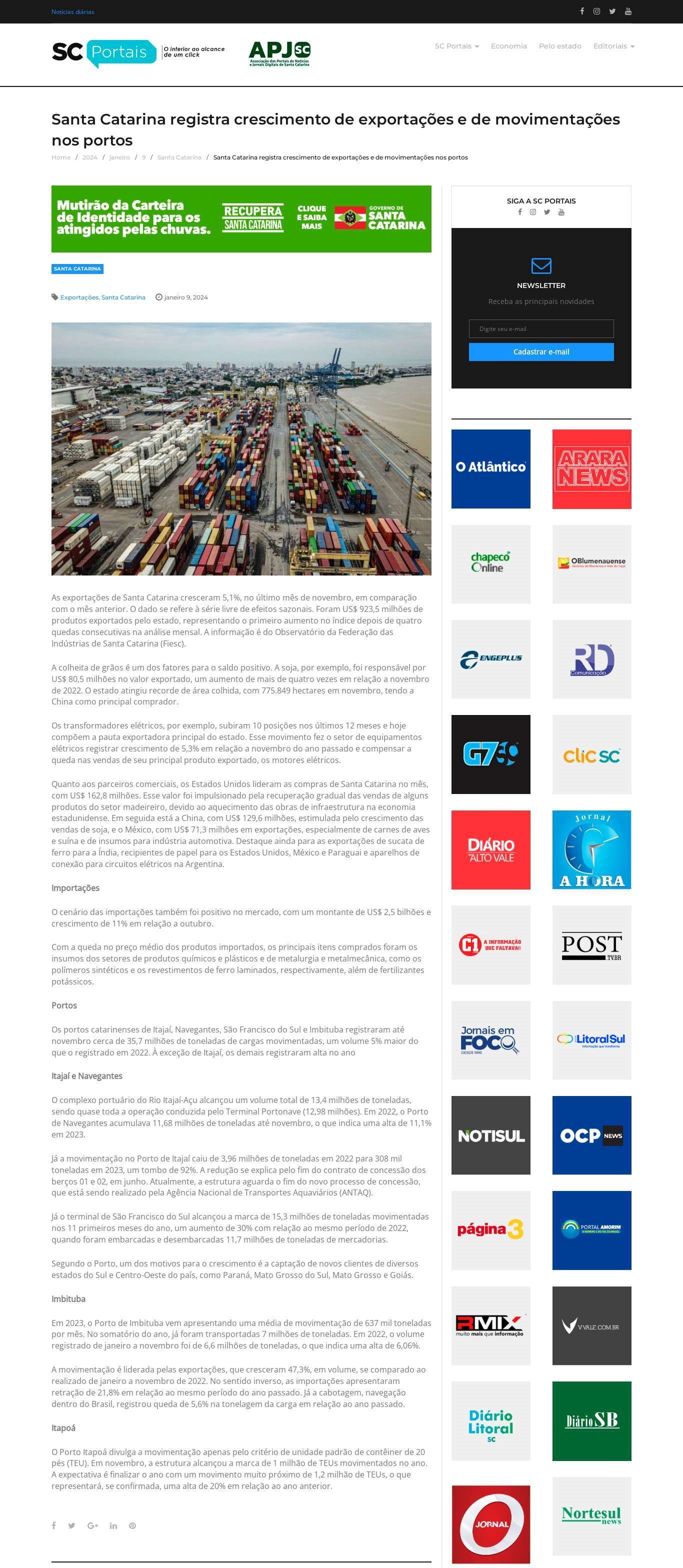 SC registra crescimento de exportações e de movimentações nos portos