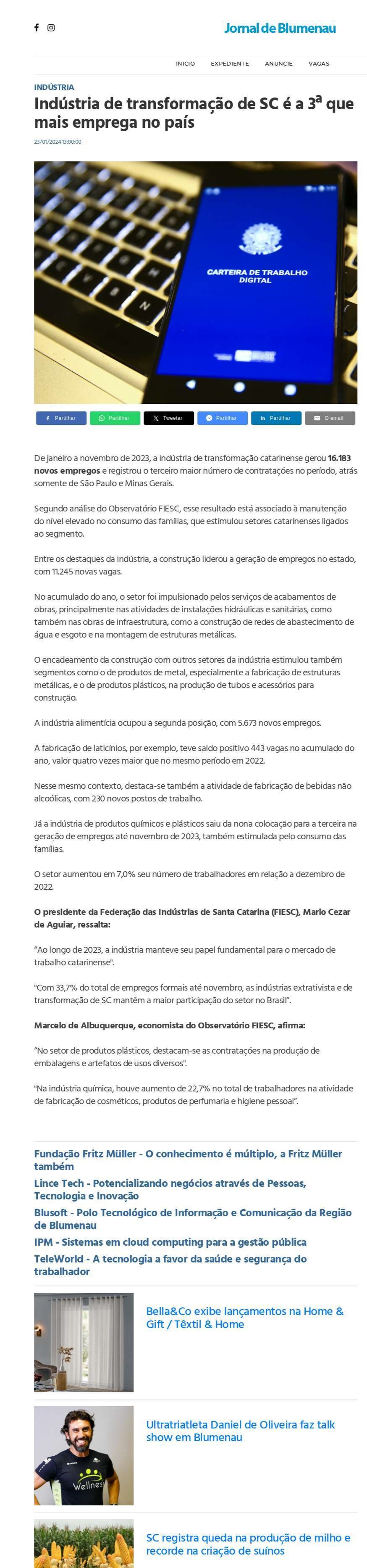 Indústria de transformação de SC é a 3ª que mais emprega no país